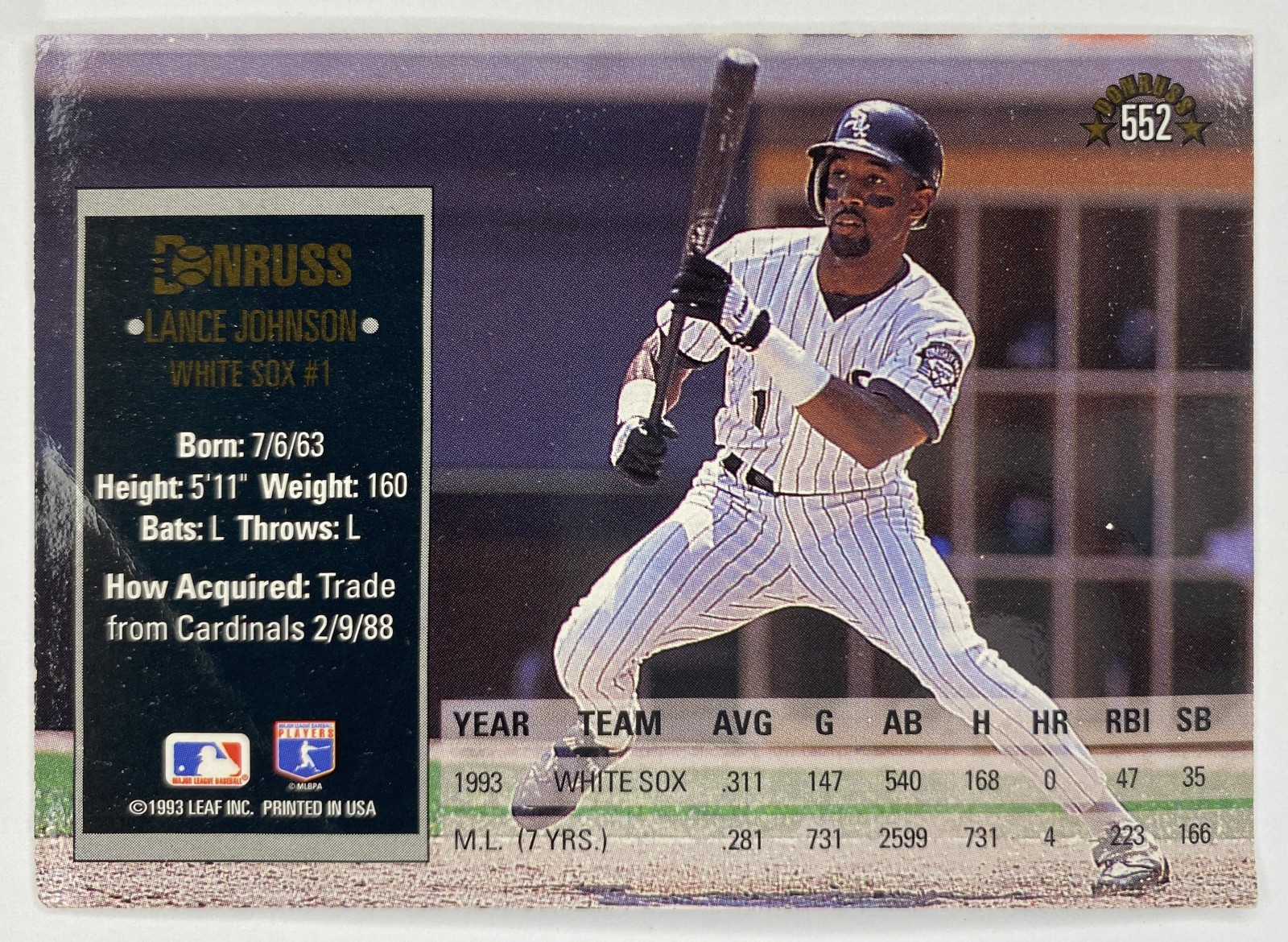 1994 Donruss Lance Johnson #552 Chicago White Sox back