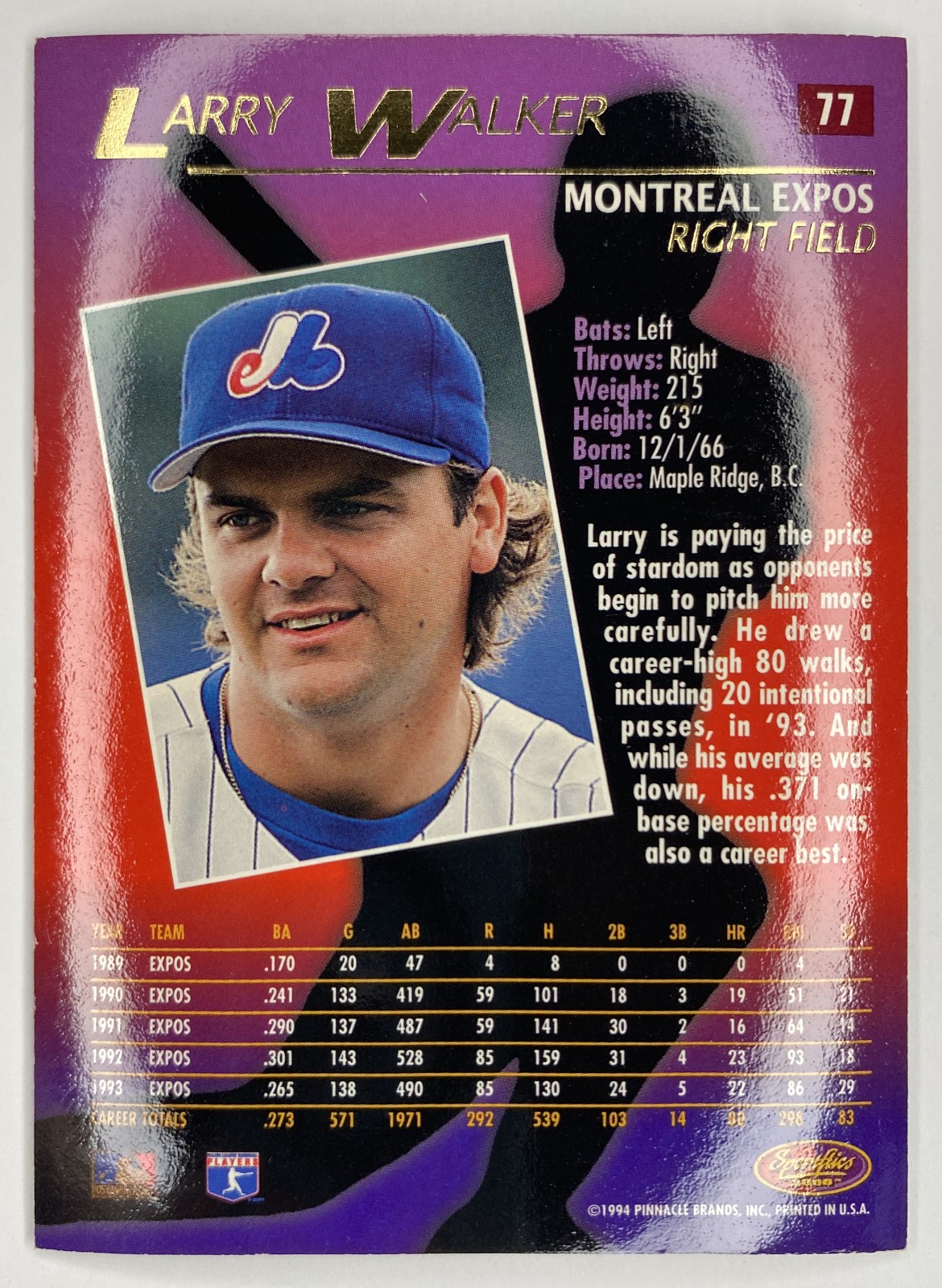 1994 Sportflics 2000 Larry Walker #77 Montreal Expos back