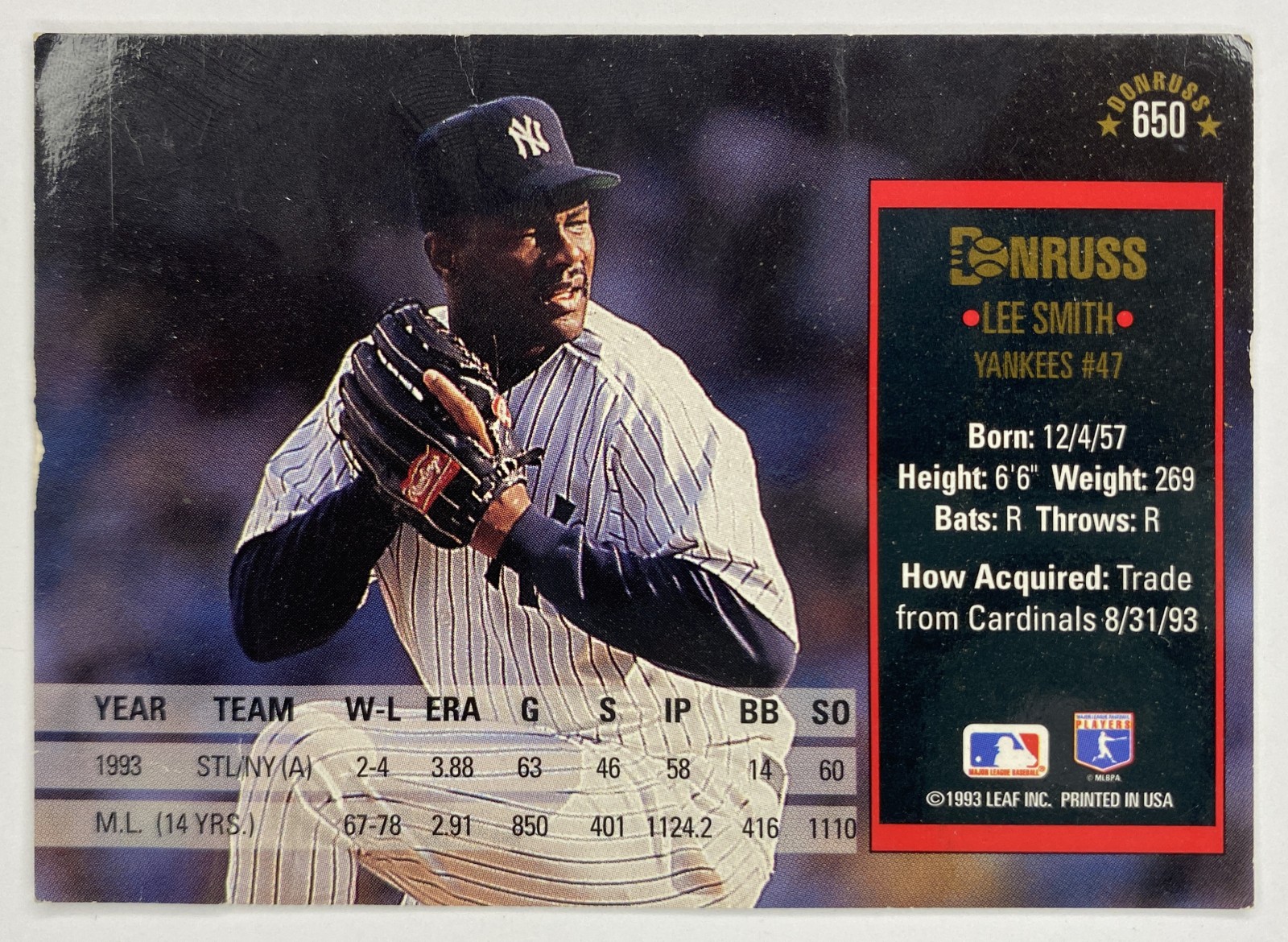 1994 Donruss Lee Smith #650 New York Yankees Hall of Famer back