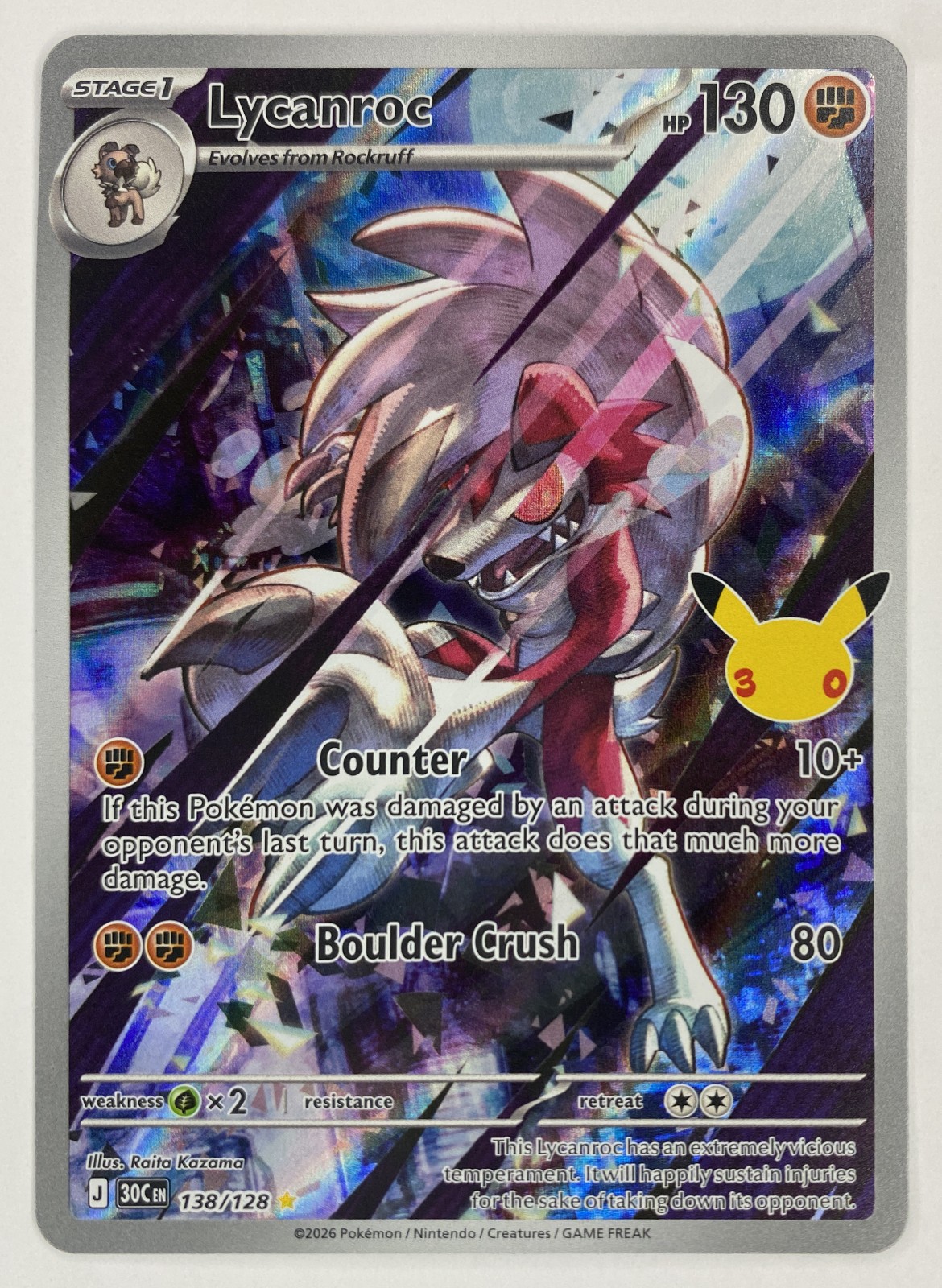 2026 Pokemon 30th Celebration Lycanroc #138/128 Illustration Rare Holo front