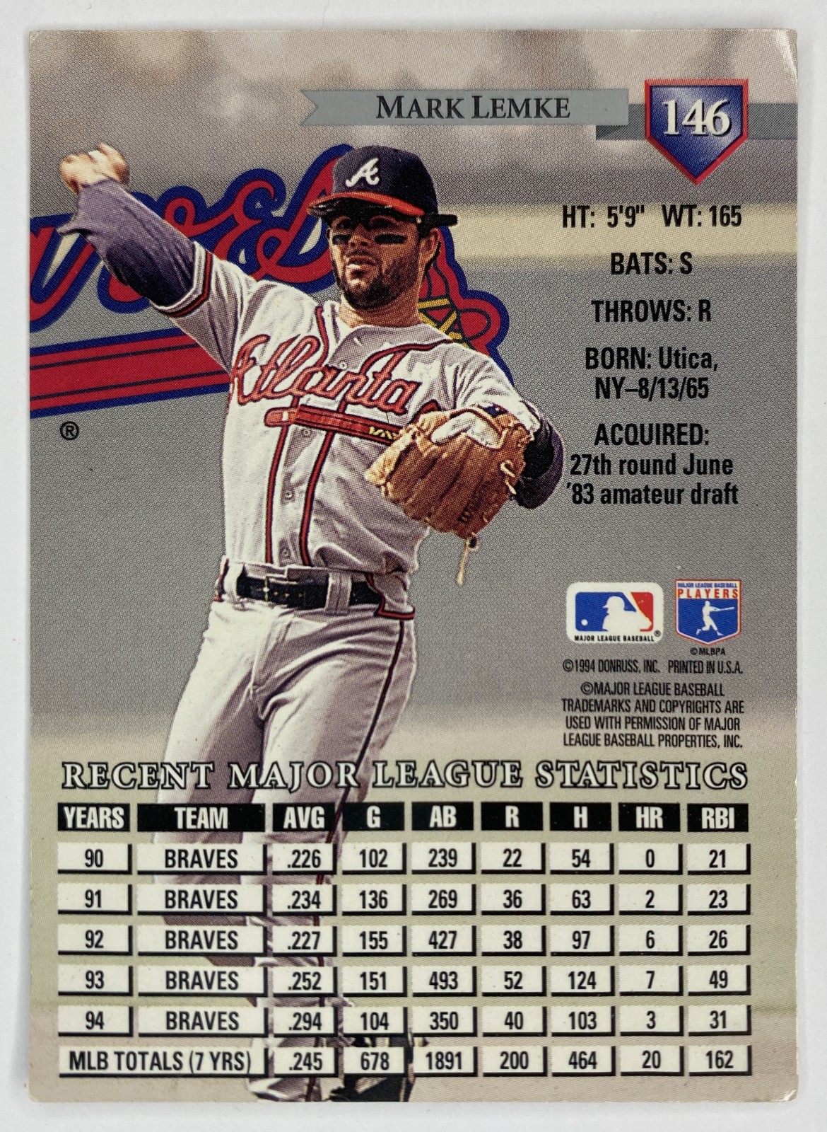 1995 Donruss Mark Lemke #146 Atlanta Braves back