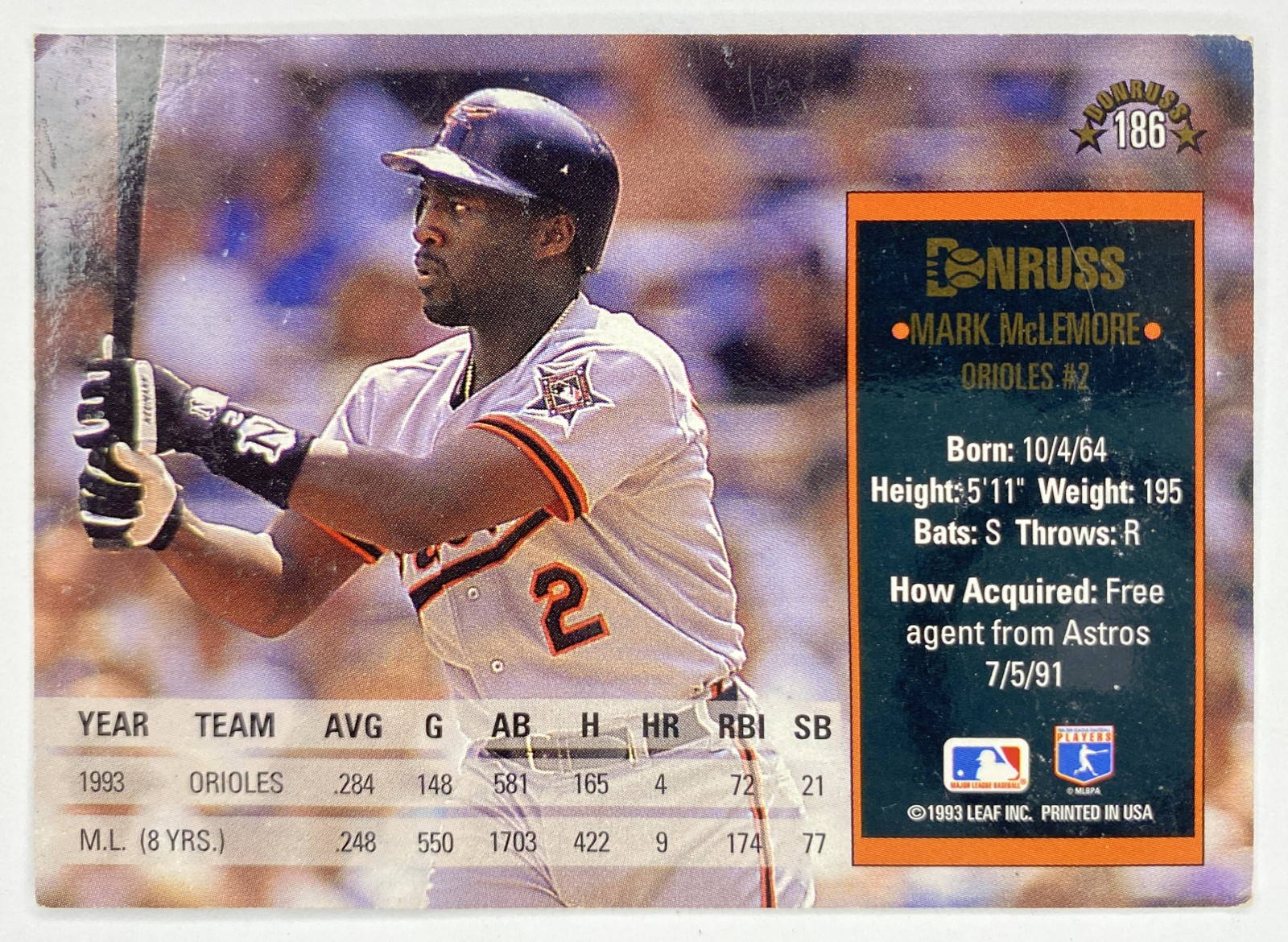 1994 Donruss Mark McLemore #186 Baltimore Orioles back