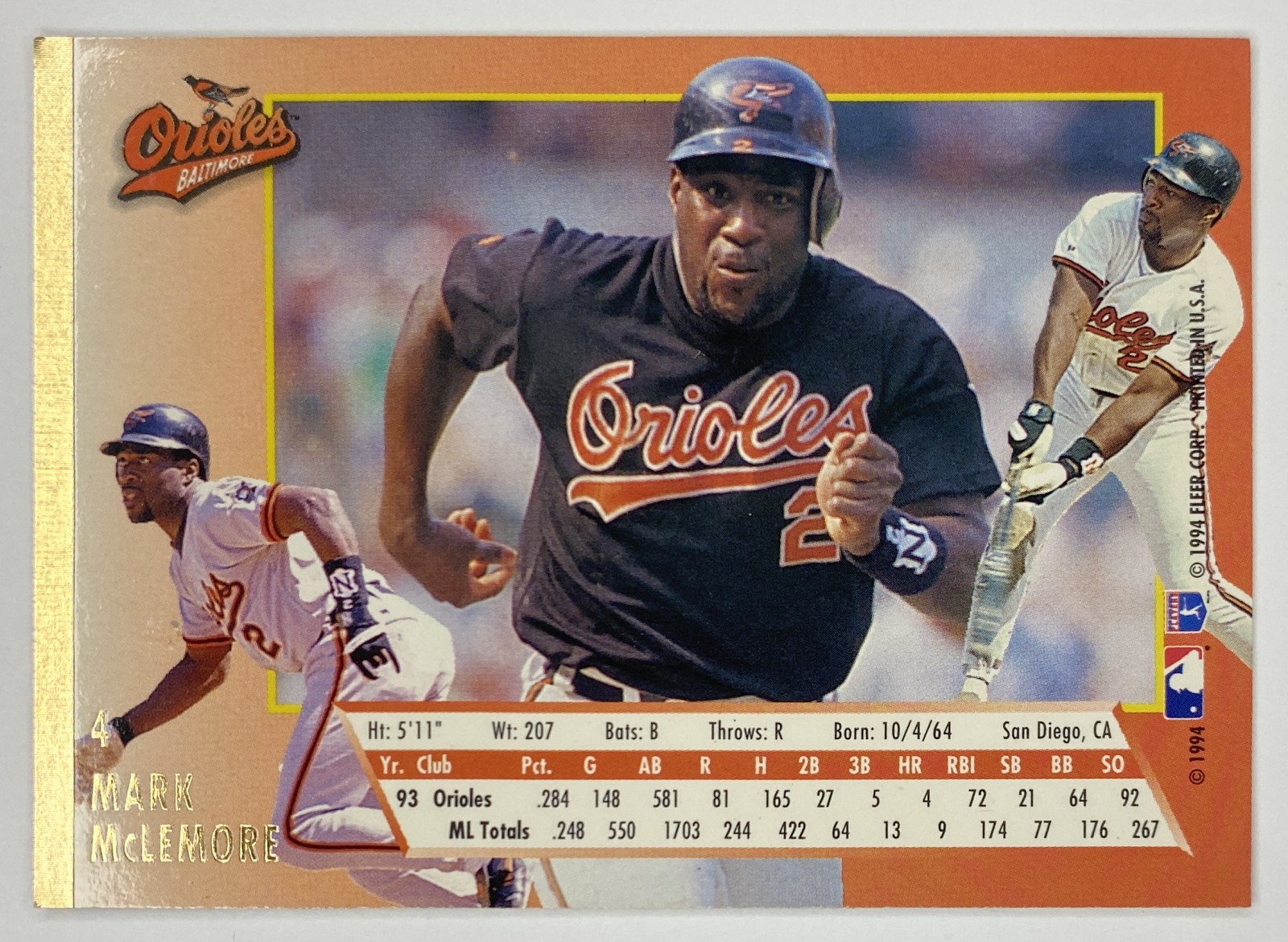 1994 Fleer Ultra Mark McLemore #4 Baltimore Orioles back