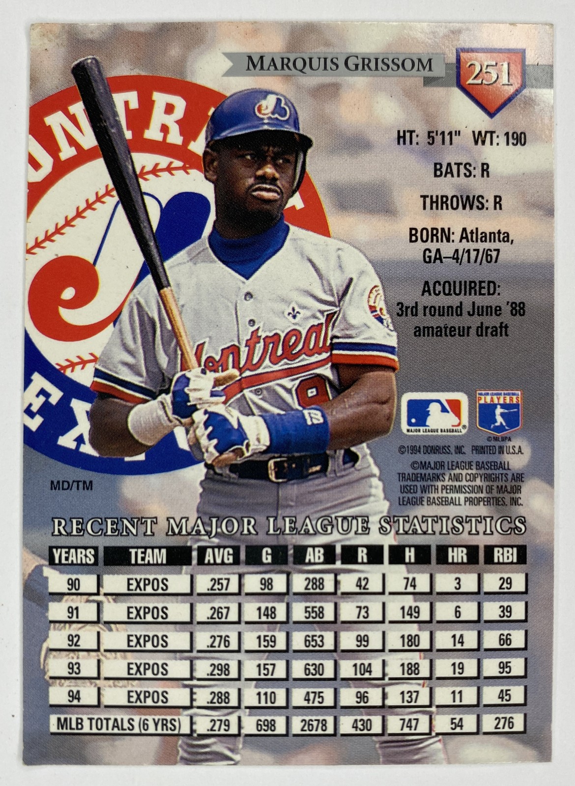 1995 Donruss Marquis Grissom #251 Montreal Expos back