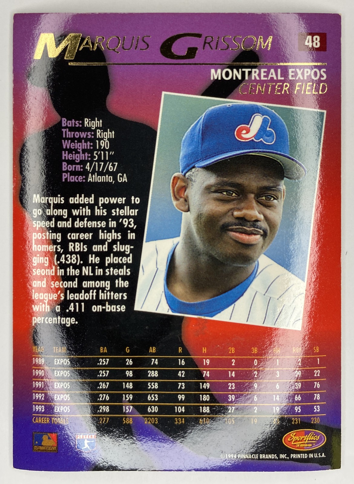 1994 Sportflics 2000 Marquis Grissom #48 Montreal Expos back