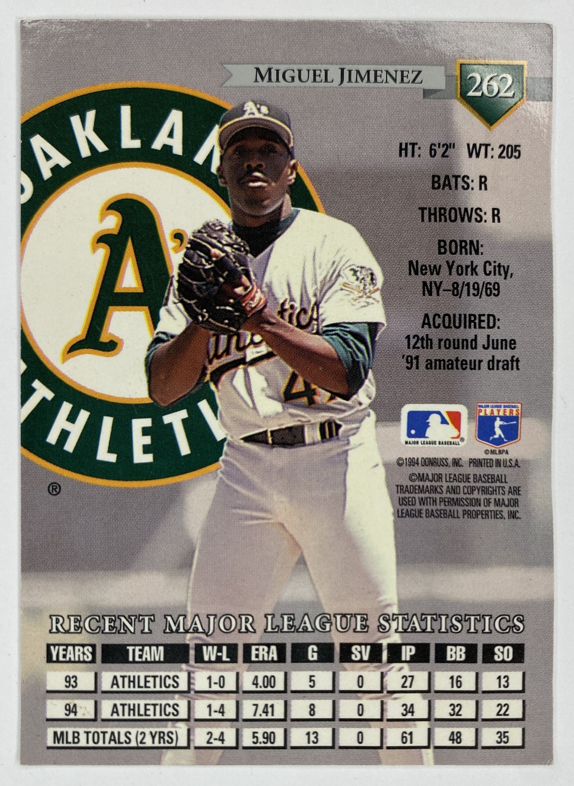 1995 Donruss Miguel Jimenez #262 Oakland Athletics back
