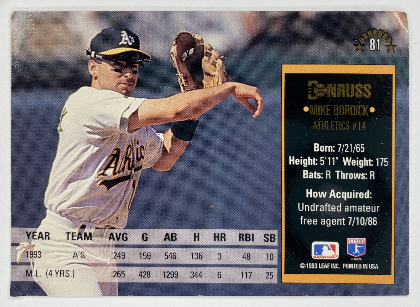 1994 Donruss Mike Bordick #81 Oakland Athletics back