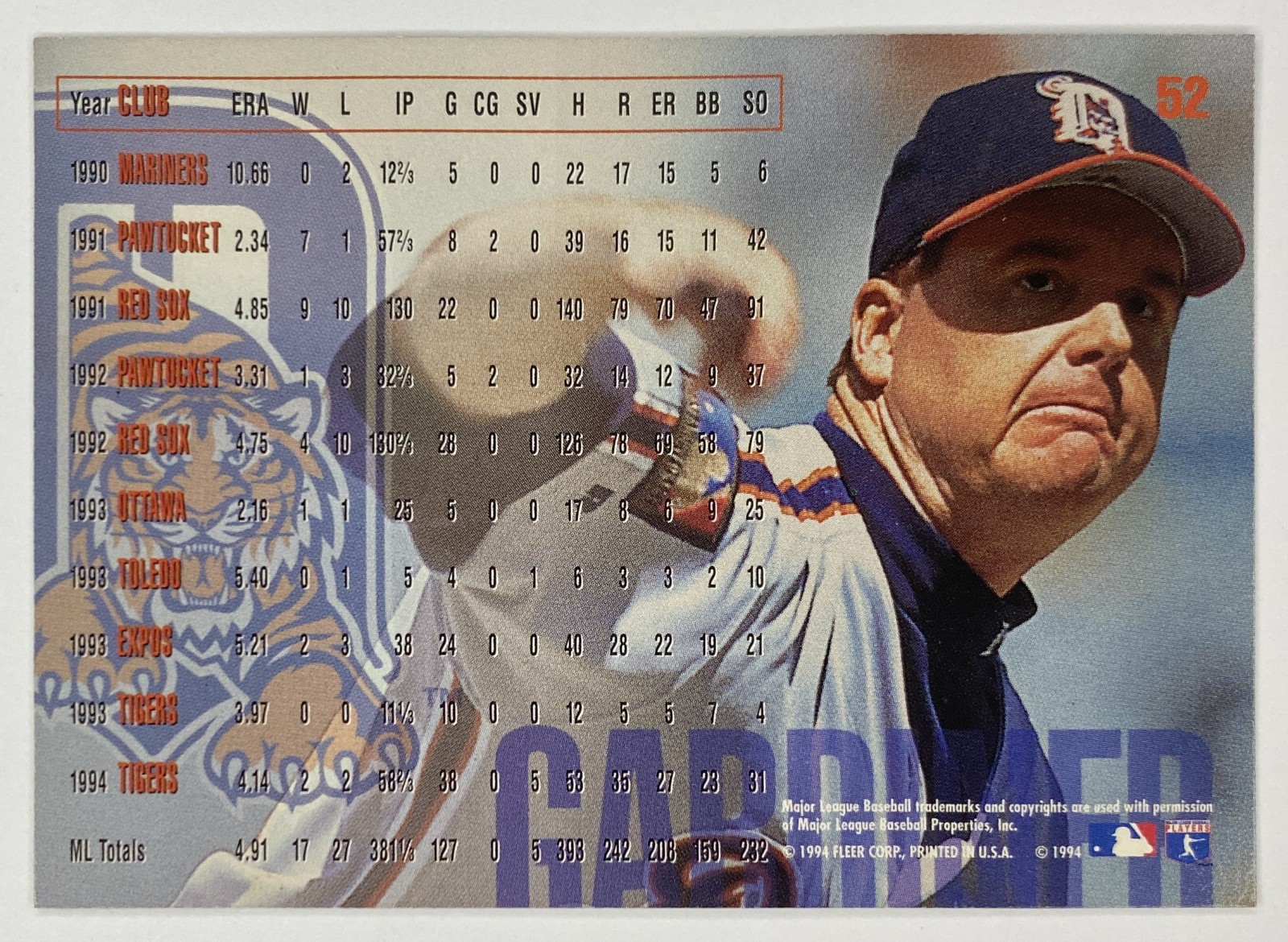 1995 Fleer Mike Gardiner #52 Detroit Tigers back