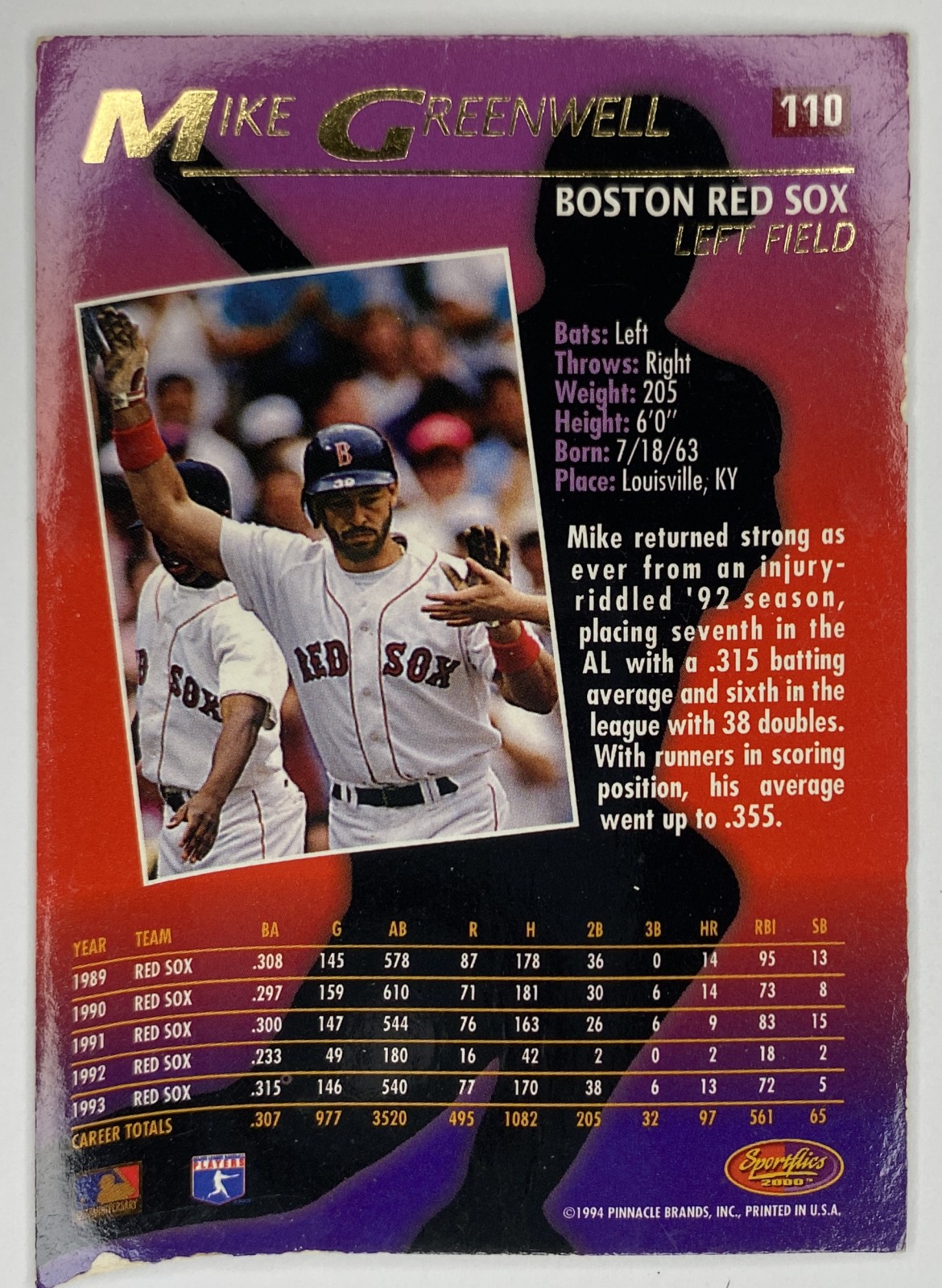1994 Sportflics 2000 Mike Greenwell #110 Boston Red Sox back