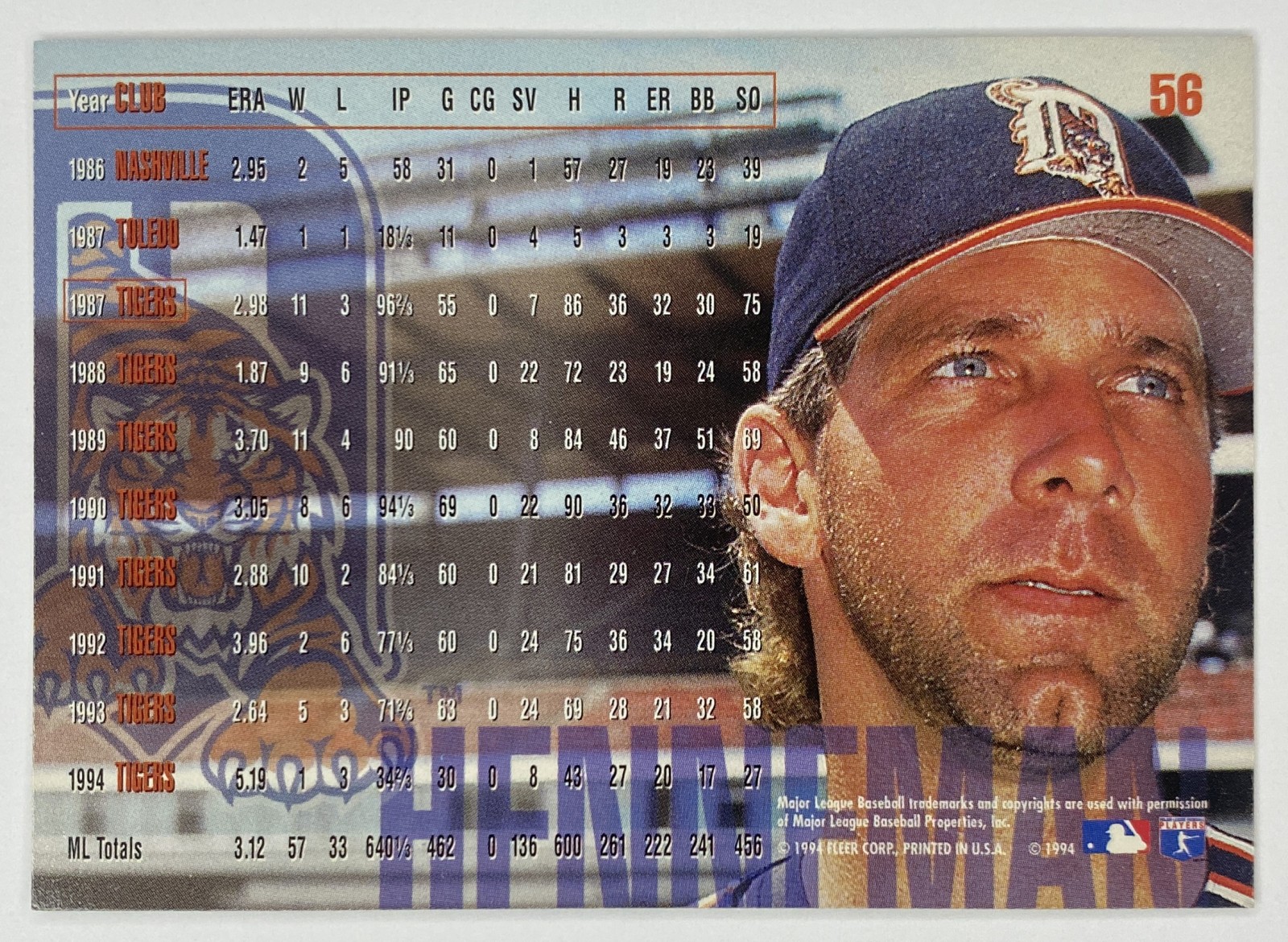 1995 Fleer Mike Henneman #56 Detroit Tigers back