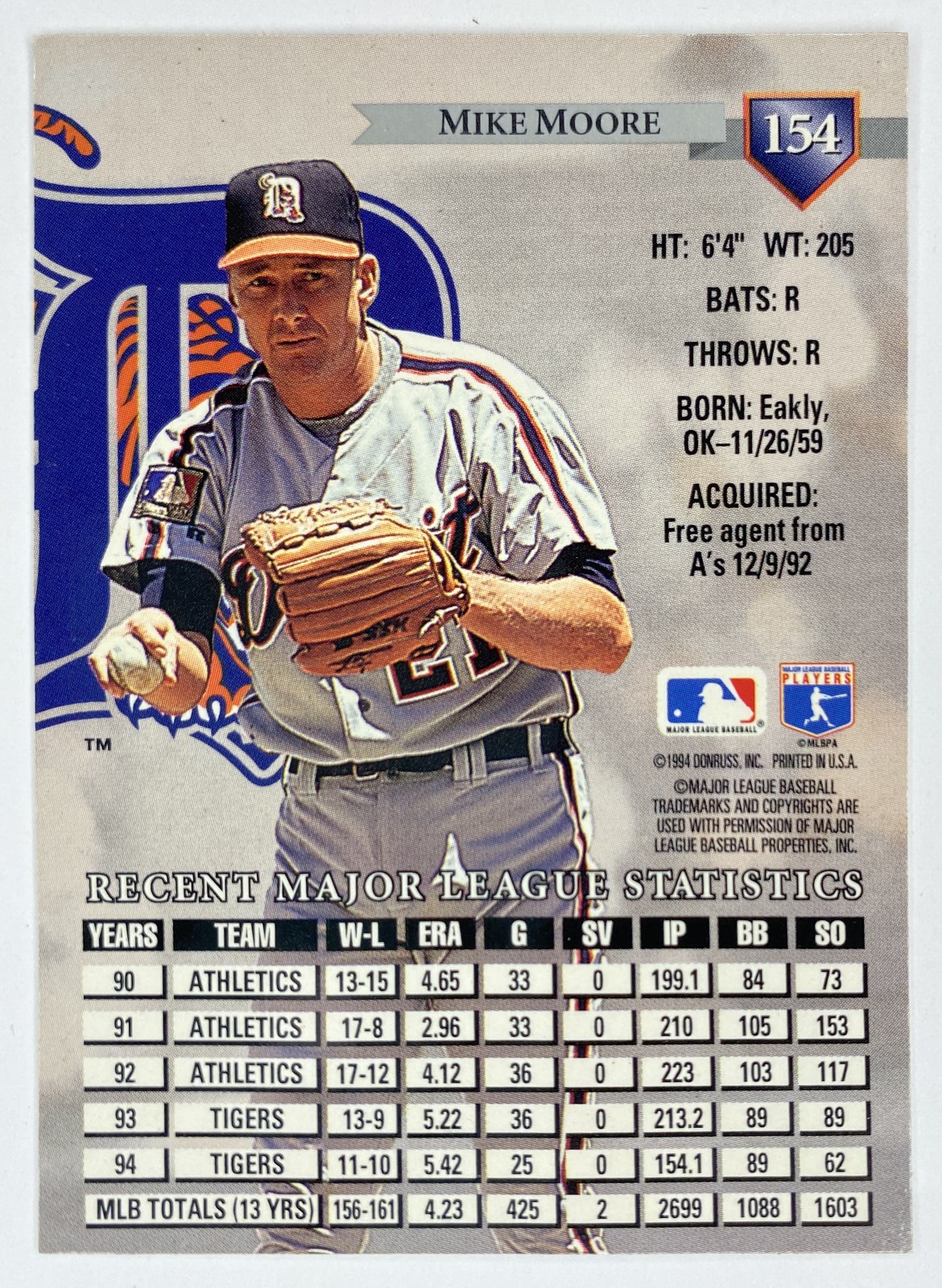 1995 Donruss Mike Moore #154 Detroit Tigers back