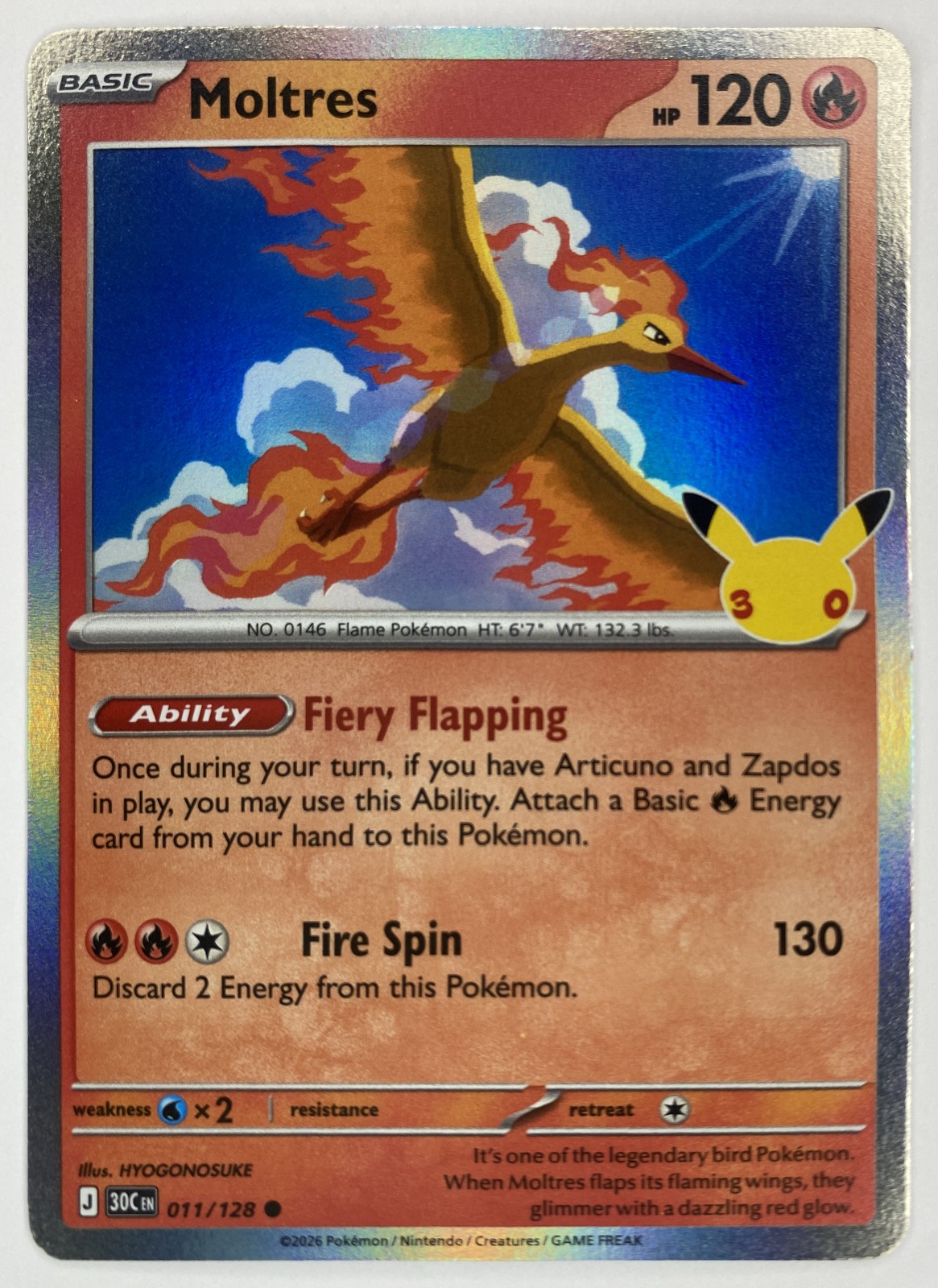 2026 Pokemon 30th Celebration Moltres #011/128 Common front