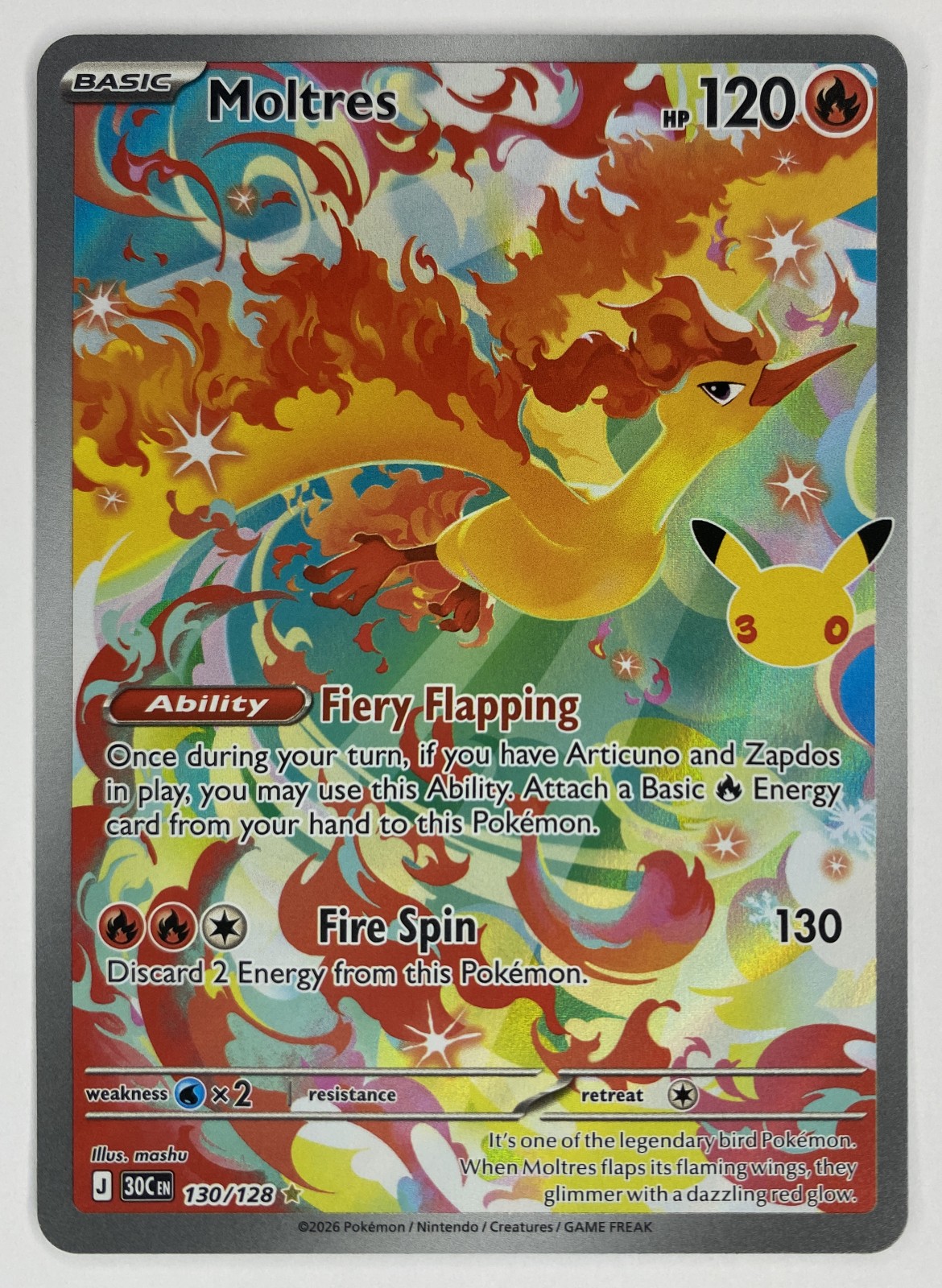 2026 Pokemon 30th Celebration Moltres #130/128 Illustration Rare Holo front
