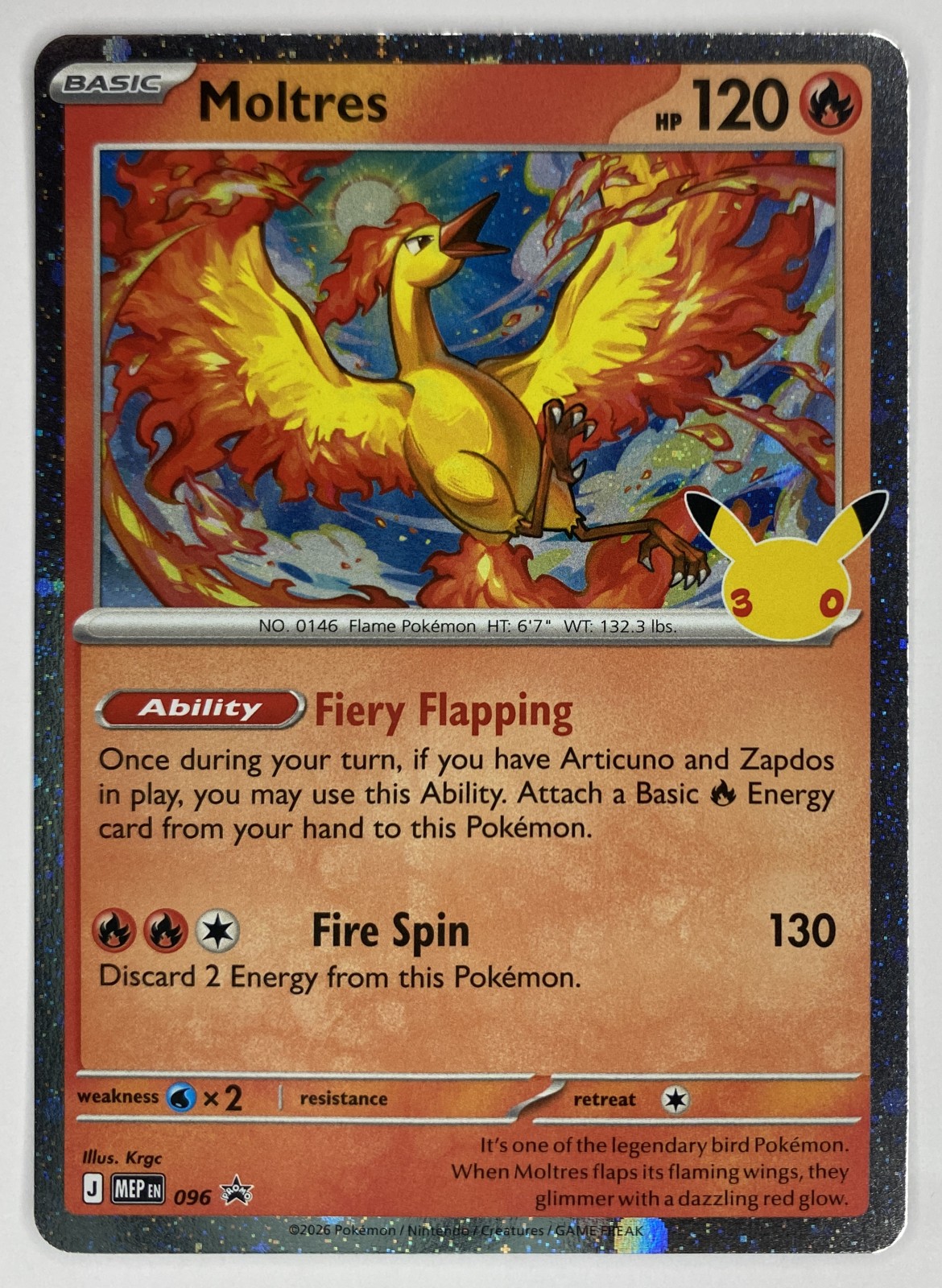 2026 Pokemon MEP Black Star Promo Moltres #096 30th Celebration Holo front