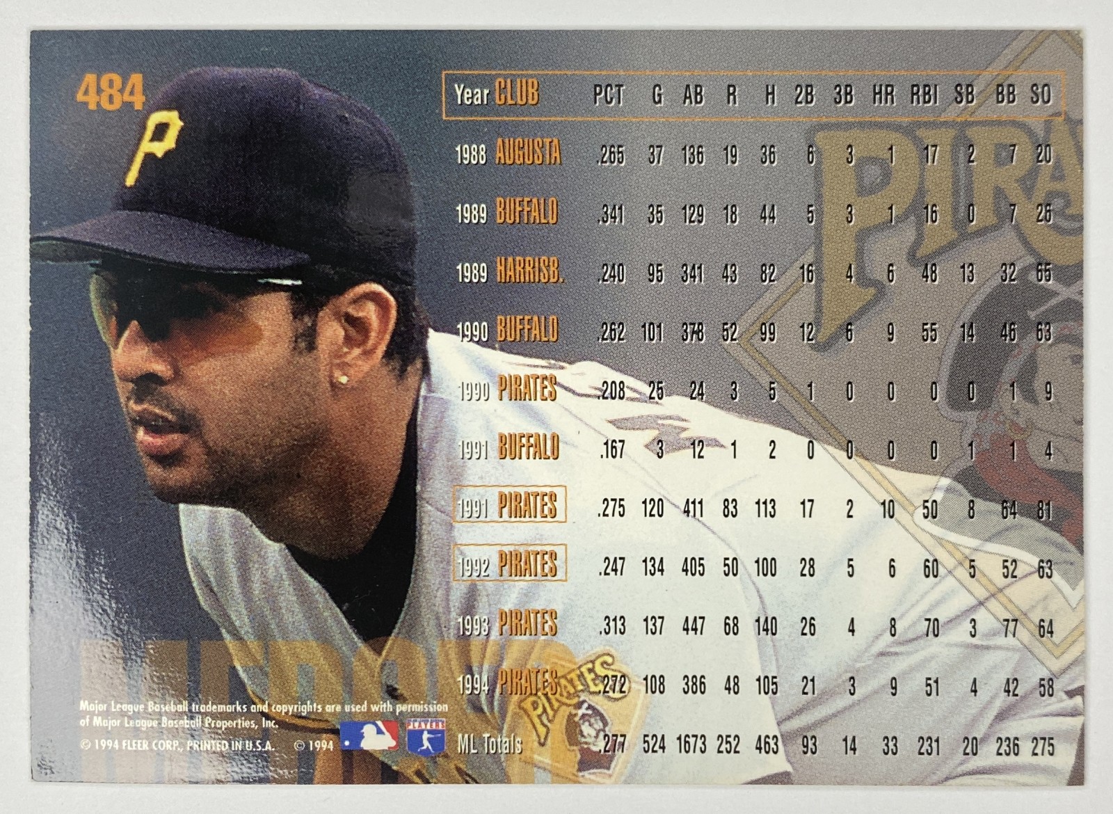 1995 Fleer Orlando Merced #484 Pittsburgh Pirates back