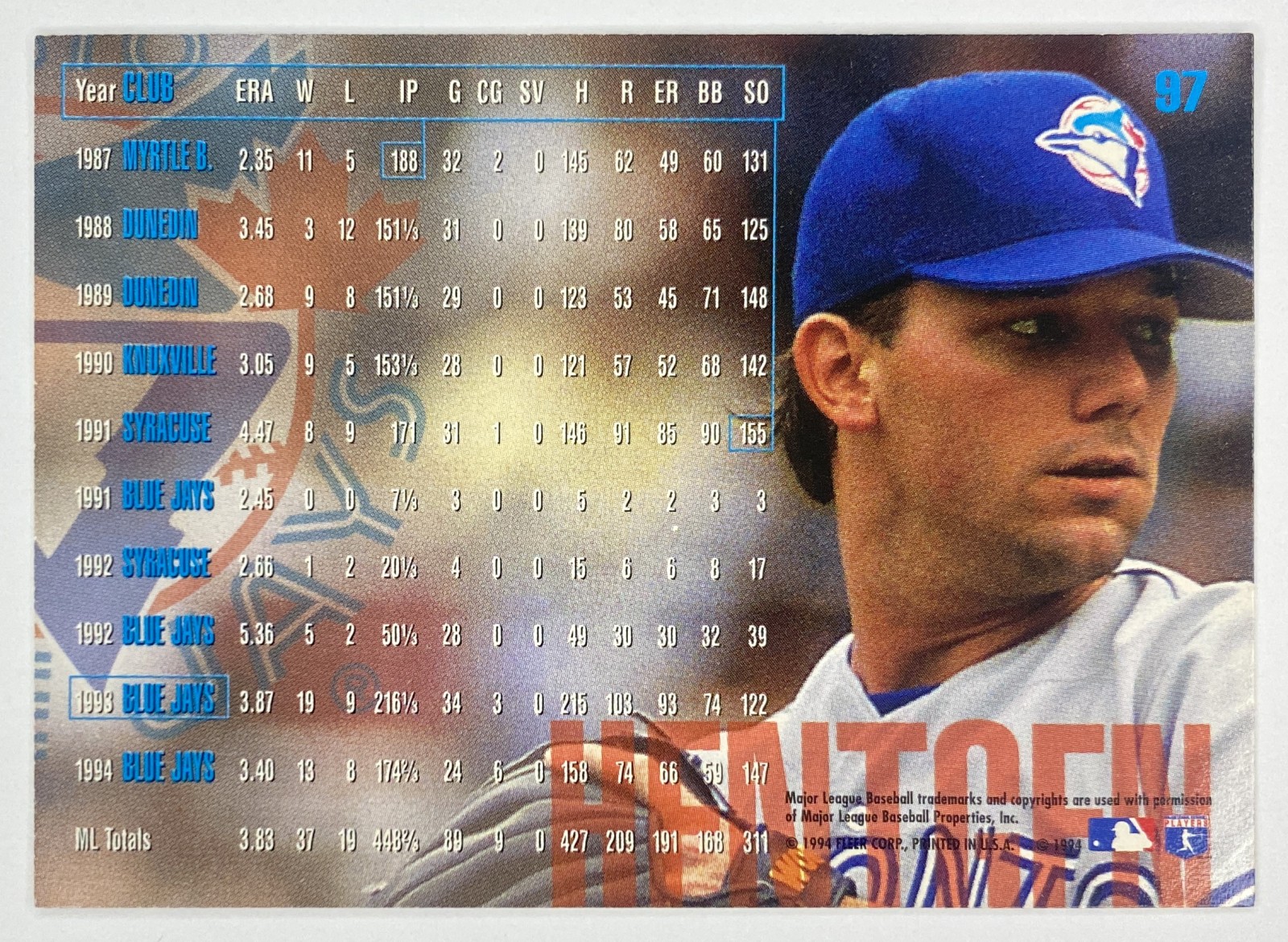 1995 Fleer Pat Hentgen #97 Toronto Blue Jays back
