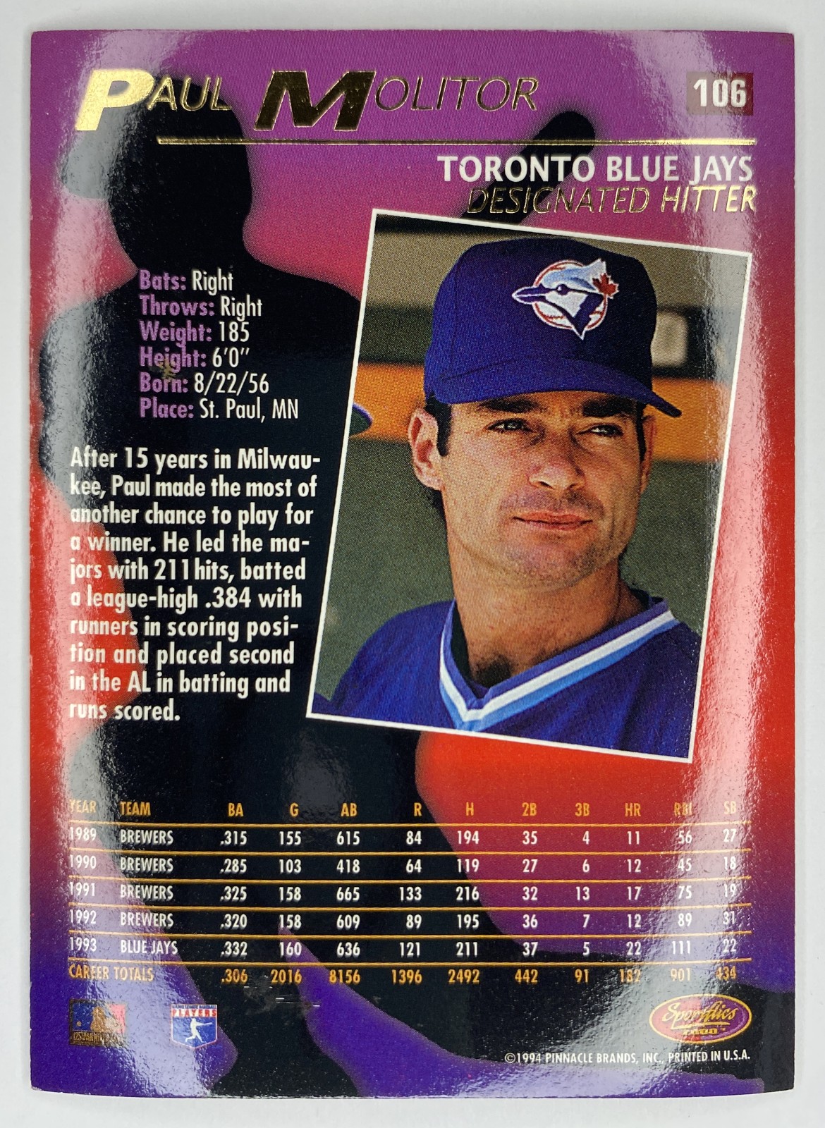 1994 Sportflics 2000 Paul Molitor #106 Toronto Blue Jays back