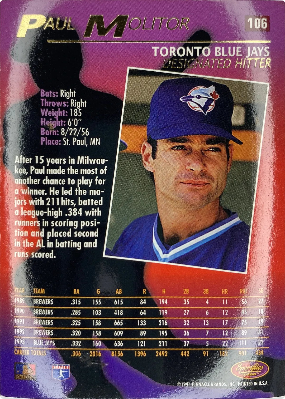 Paul Molitor #106, back