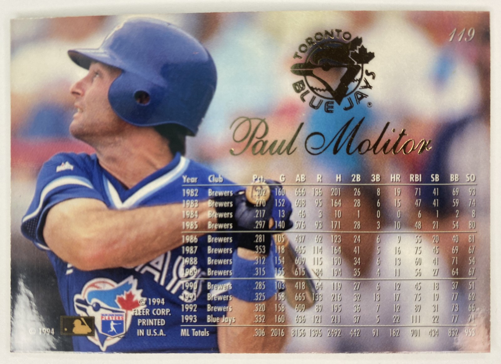 1994 Flair Paul Molitor #119 Toronto Blue Jays back