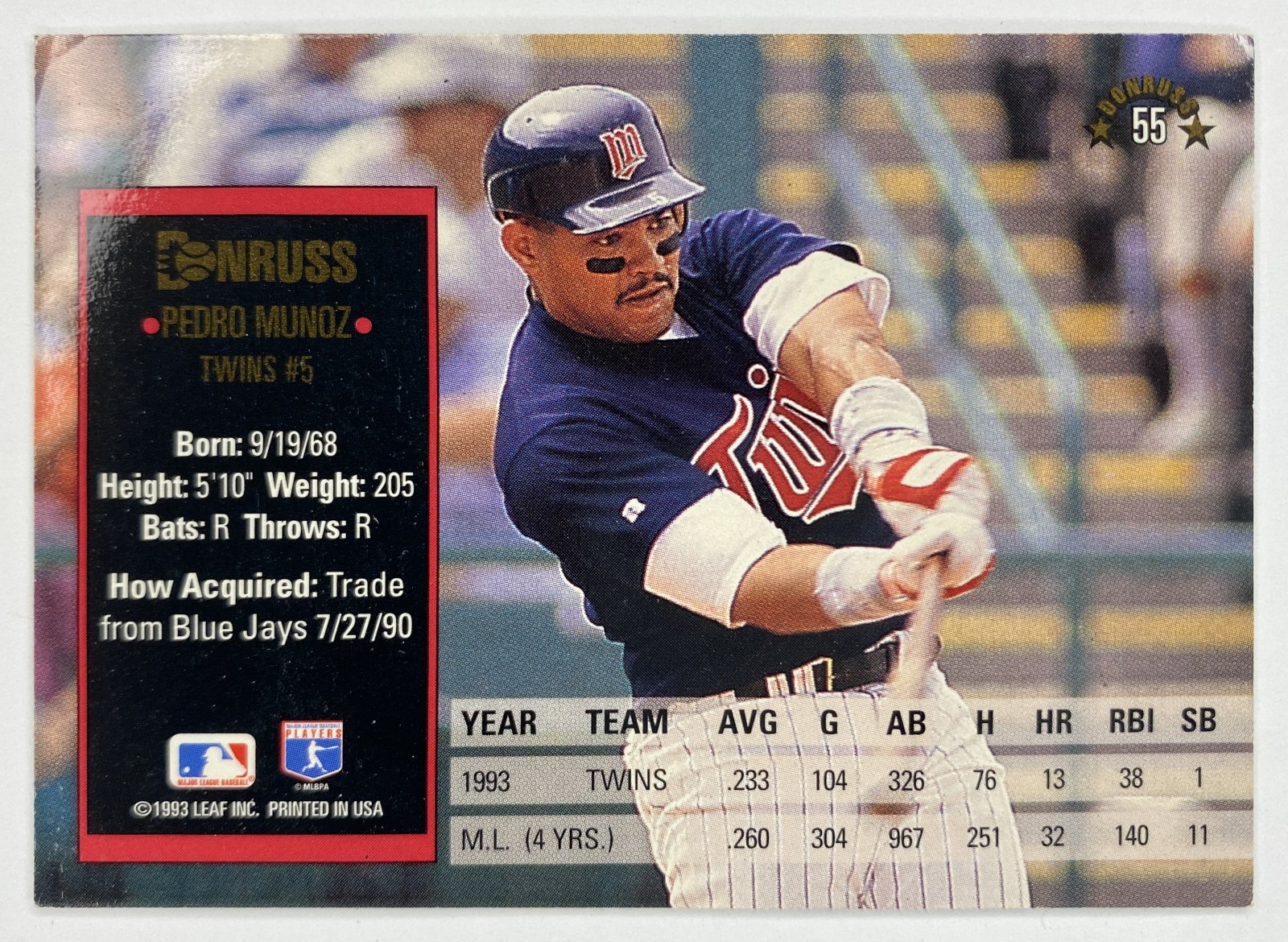 1994 Donruss Pedro Munoz #55 Minnesota Twins back