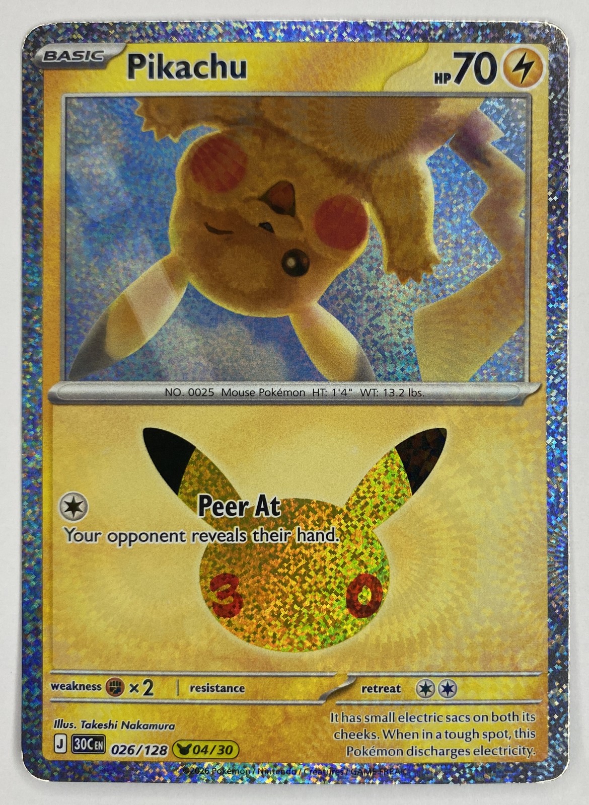 2026 Pokemon 30th Celebration Pikachu #026/128 Peer At front