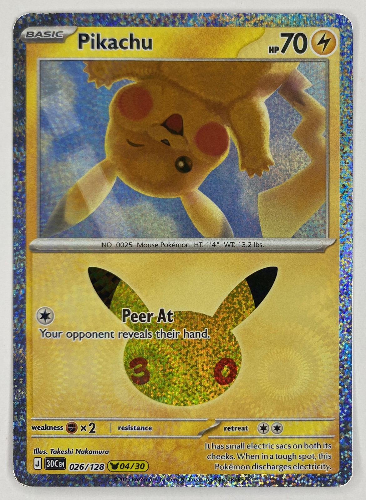 2026 Pokemon 30th Celebration Pikachu #026/128 Peer At front