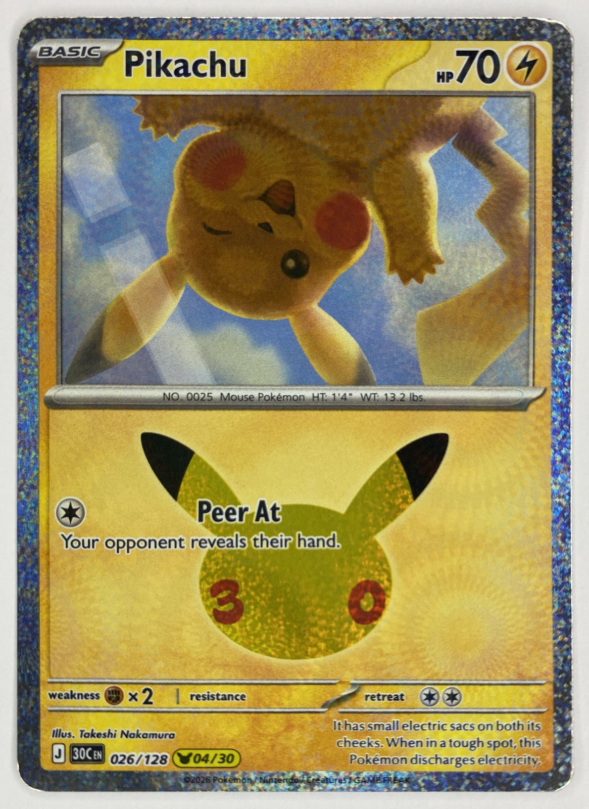 2026 Pokemon 30th Celebration Pikachu #026/128 Peer At front