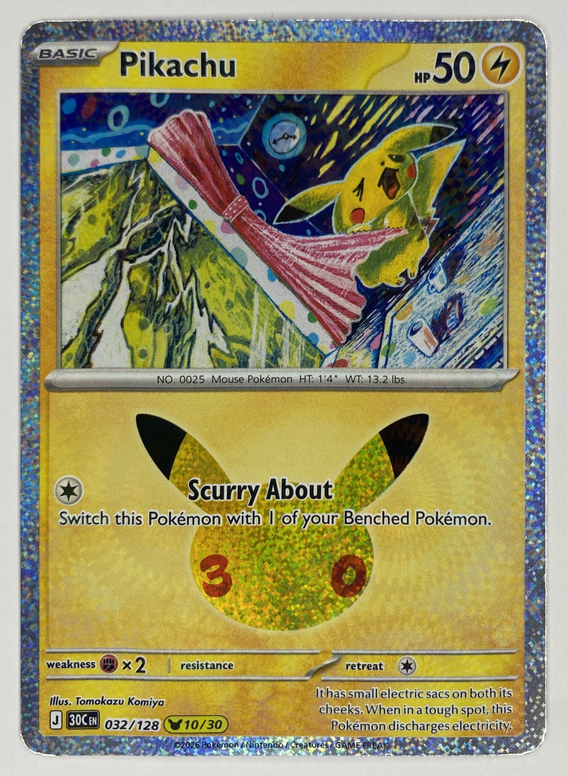 2026 Pokemon 30th Celebration Pikachu #032/128 Scurry About front