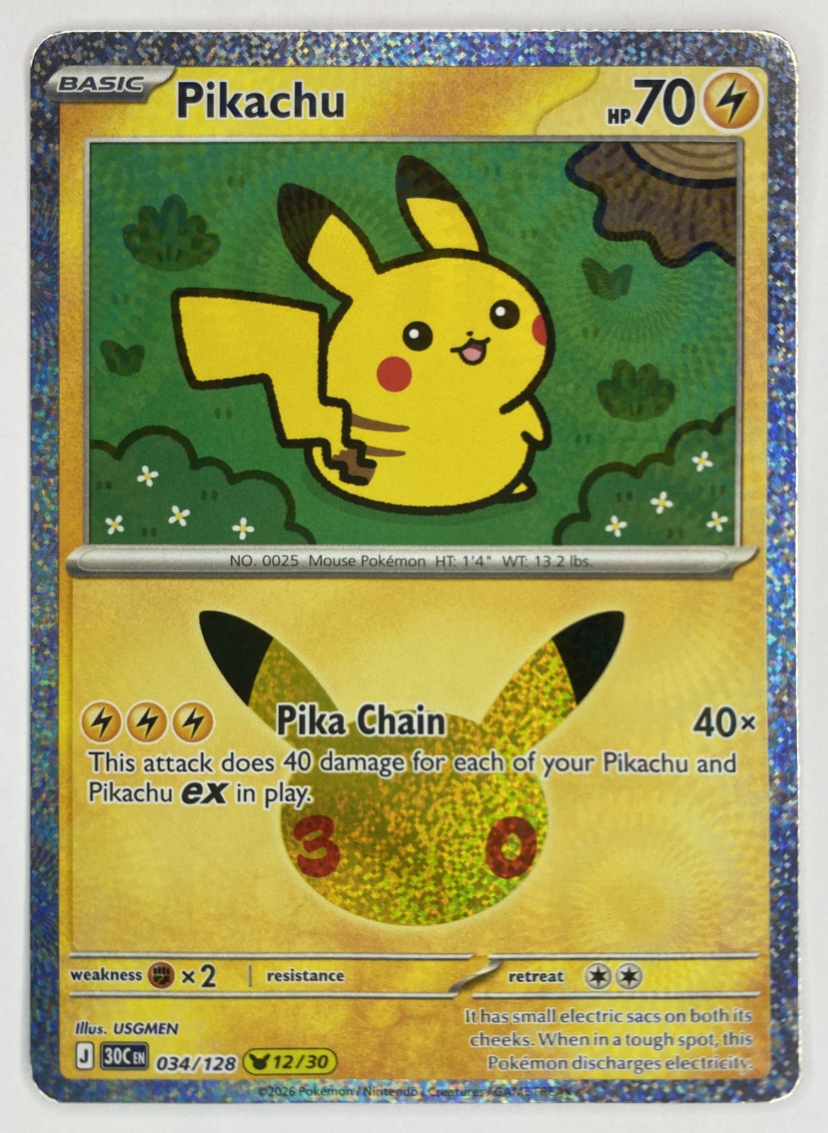 2026 Pokemon 30th Celebration Pikachu #034/128 Pika Chain front