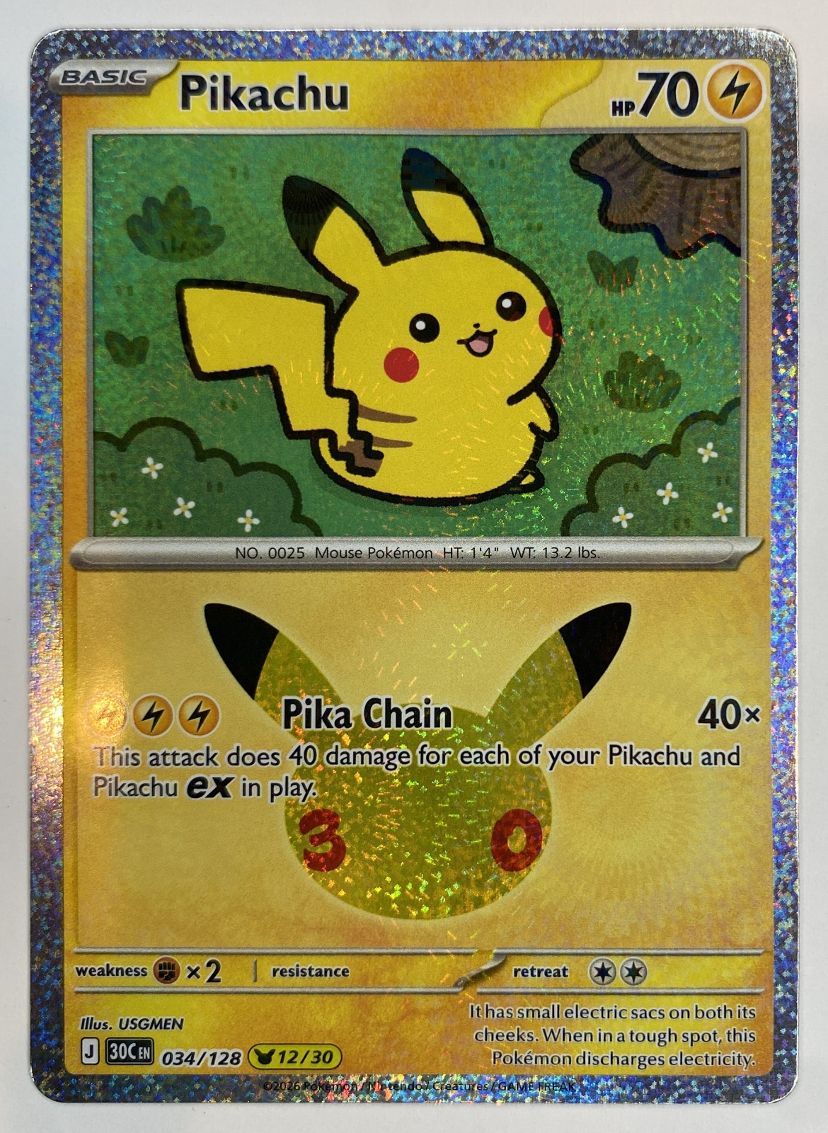 2026 Pokemon 30th Celebration Pikachu #034/128 Pika Chain front
