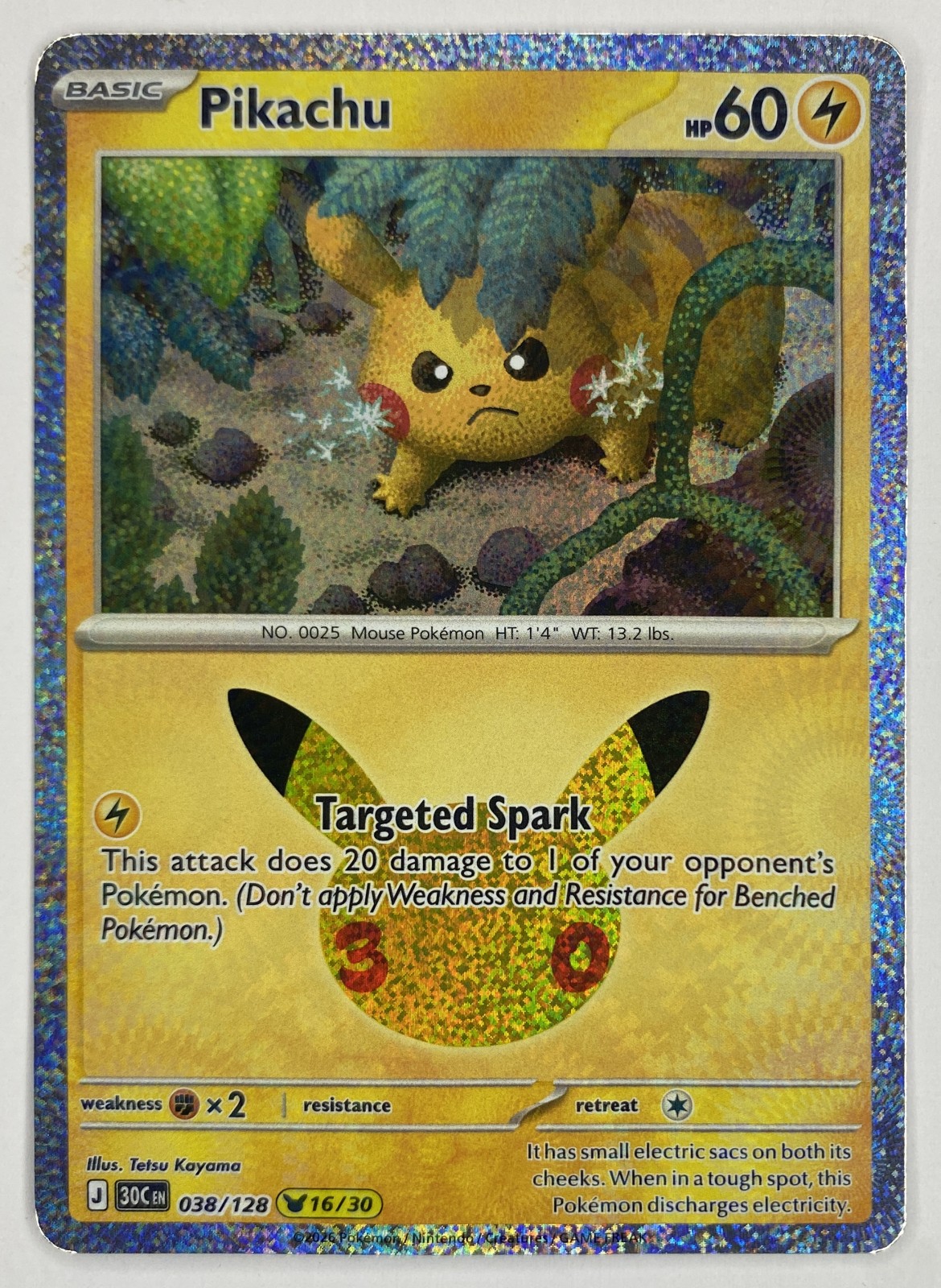 2026 Pokemon 30th Celebration Pikachu #038/128 Targeted Spark front