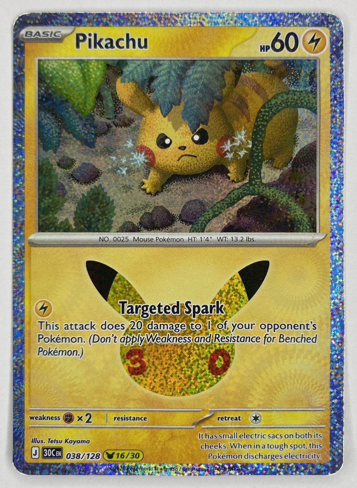 2026 Pokemon 30th Celebration Pikachu #038/128 Targeted Spark front