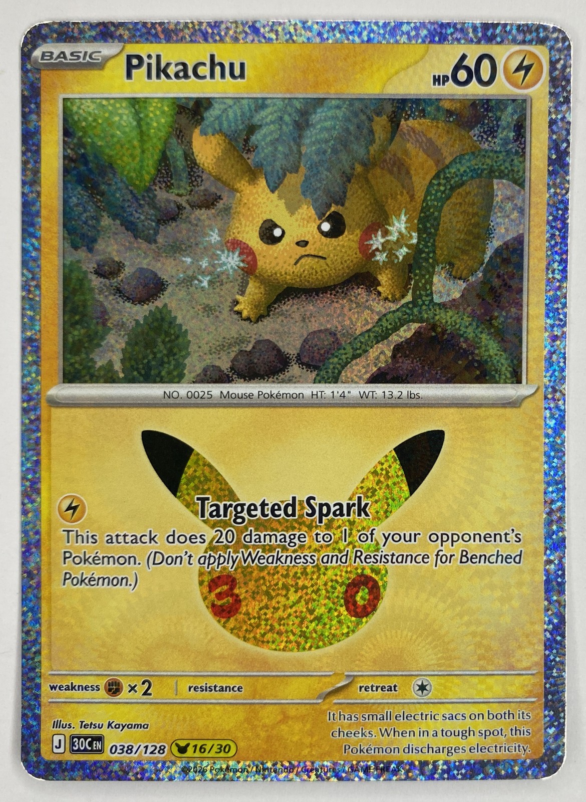 2026 Pokemon 30th Celebration Pikachu #038/128 Targeted Spark front