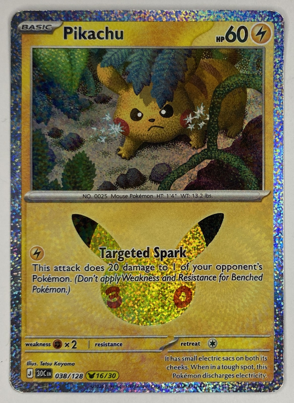 2026 Pokemon 30th Celebration Pikachu #038/128 Targeted Spark front