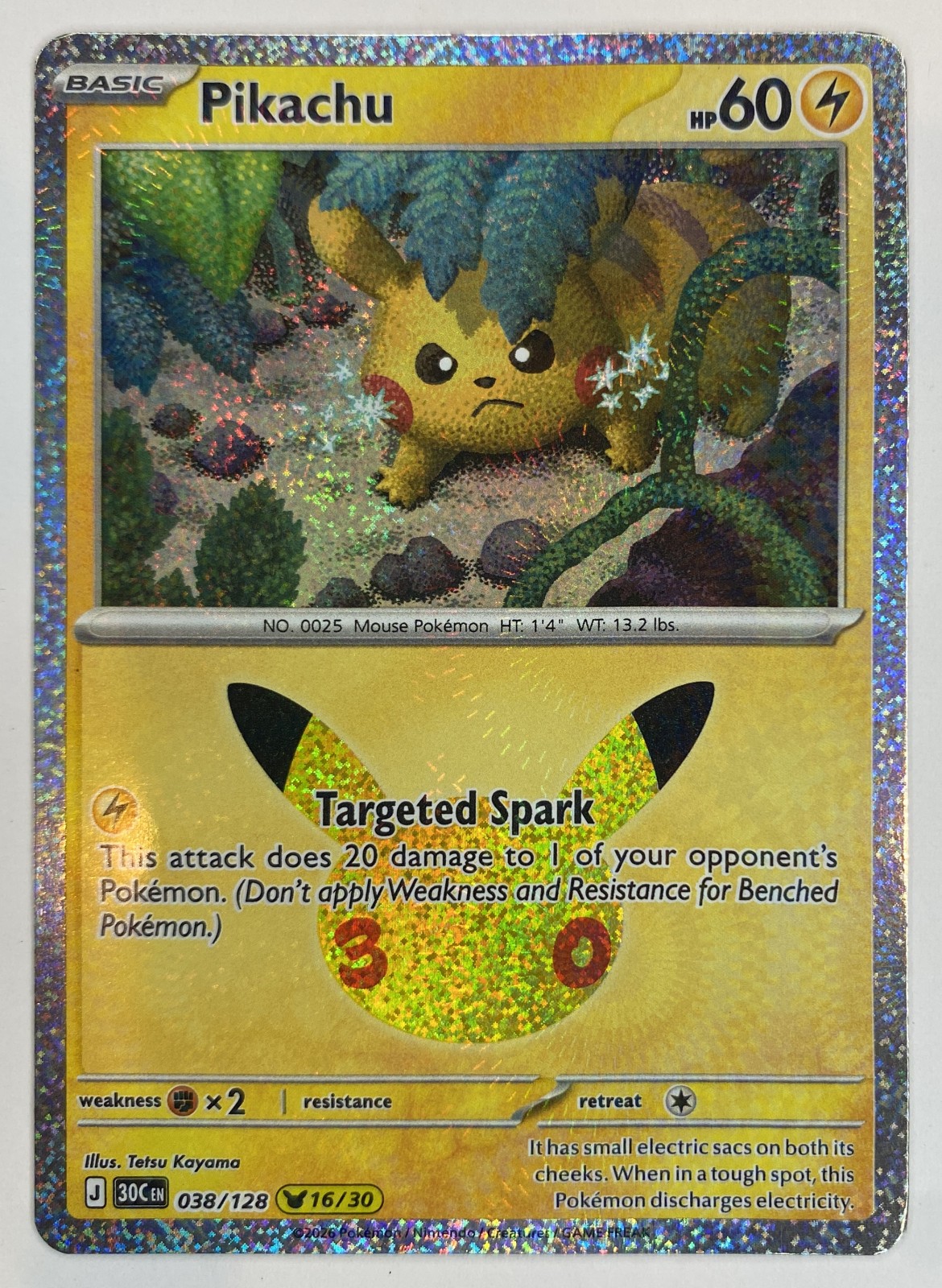 2026 Pokemon 30th Celebration Pikachu #038/128 Targeted Spark front