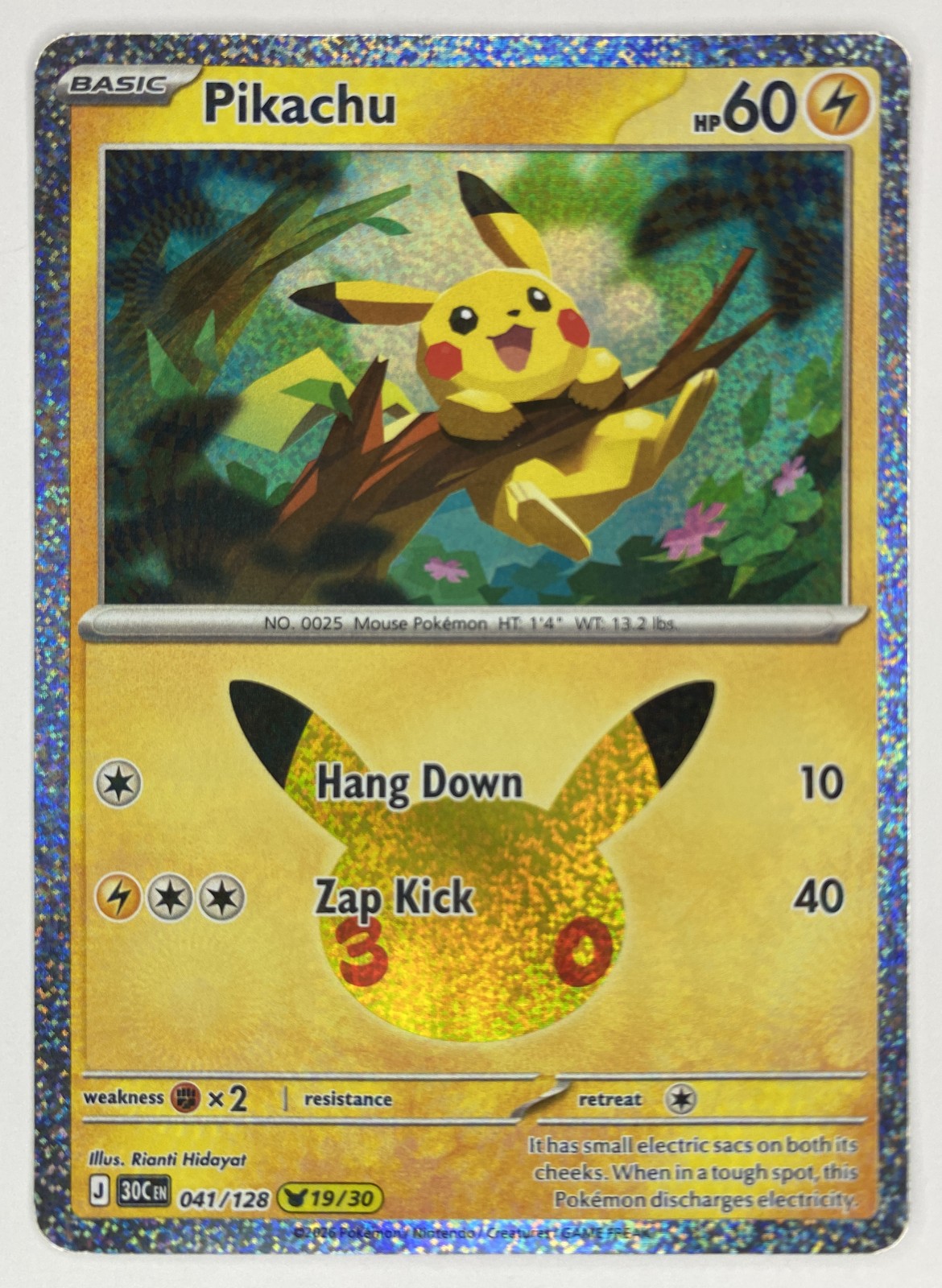 2026 Pokemon 30th Celebration Pikachu #041/128 Hang Down front