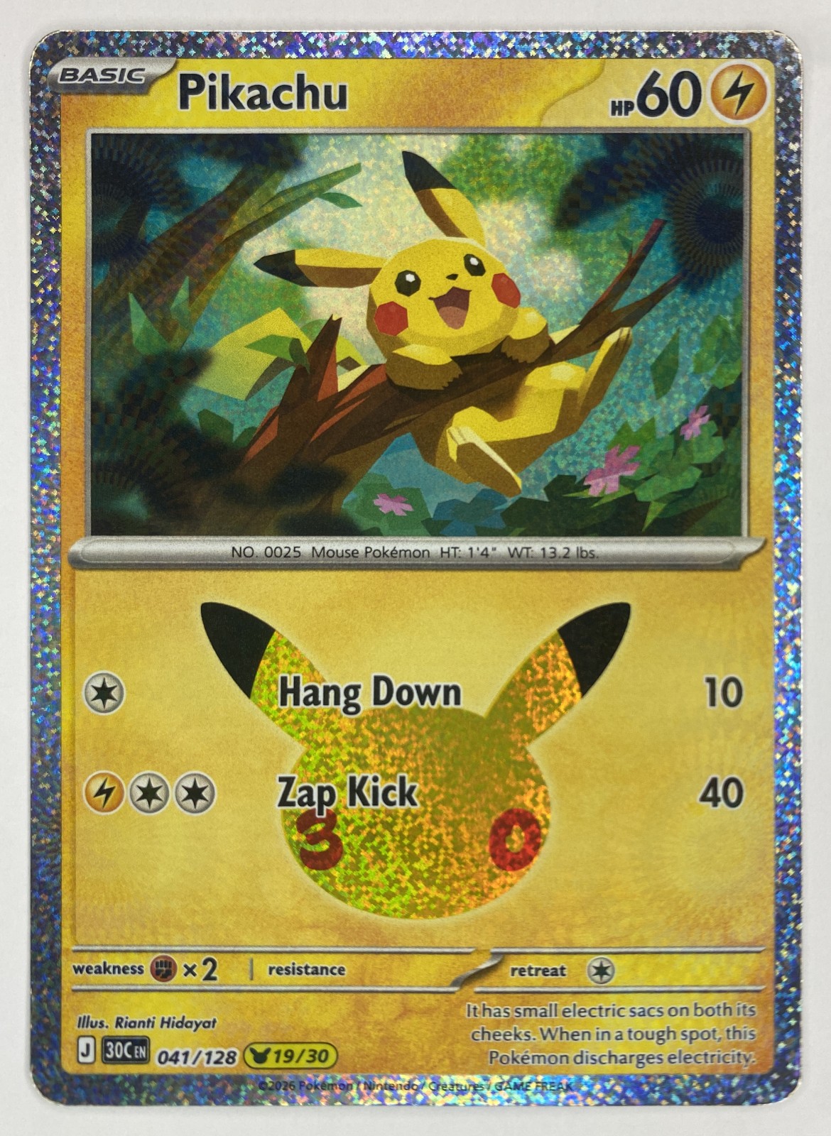 2026 Pokemon 30th Celebration Pikachu #041/128 Hang Down front