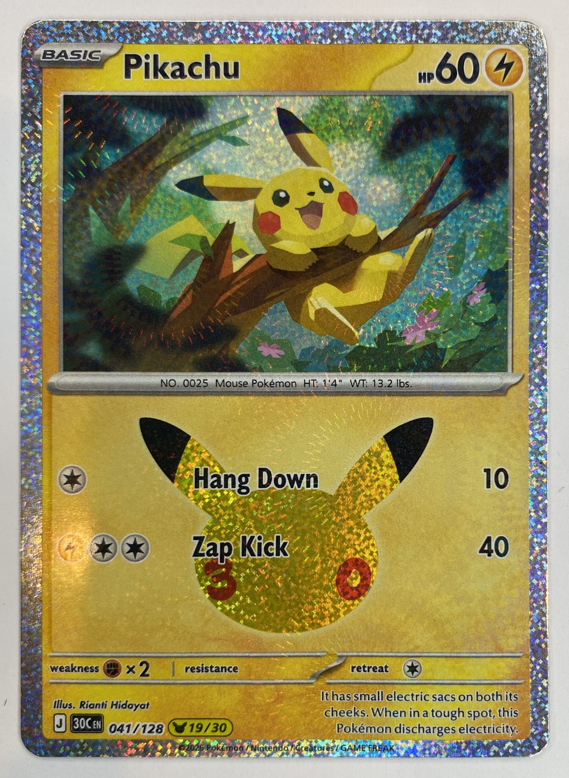 2026 Pokemon 30th Celebration Pikachu #041/128 Hang Down front