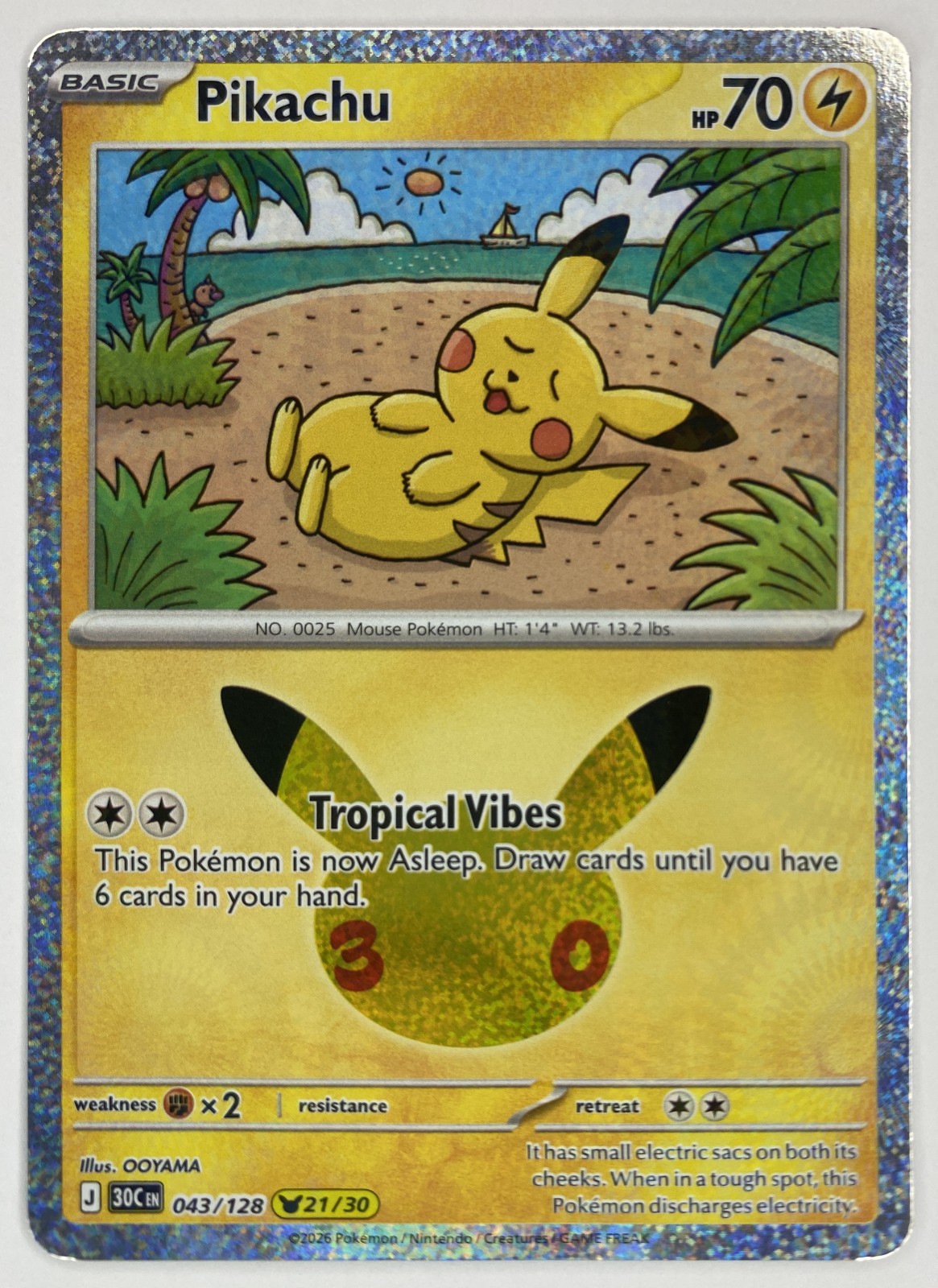 2026 Pokemon 30th Celebration Pikachu #043/128 Tropical Vibes front