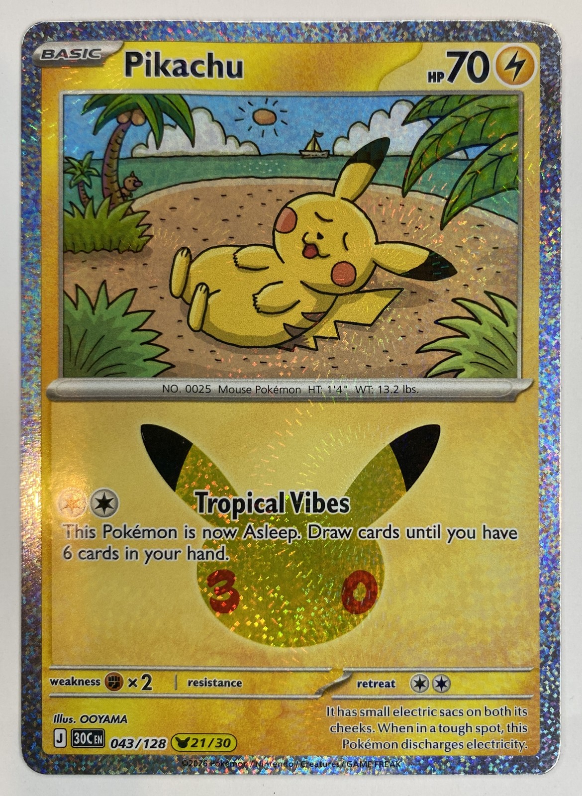 2026 Pokemon 30th Celebration Pikachu #043/128 Tropical Vibes front