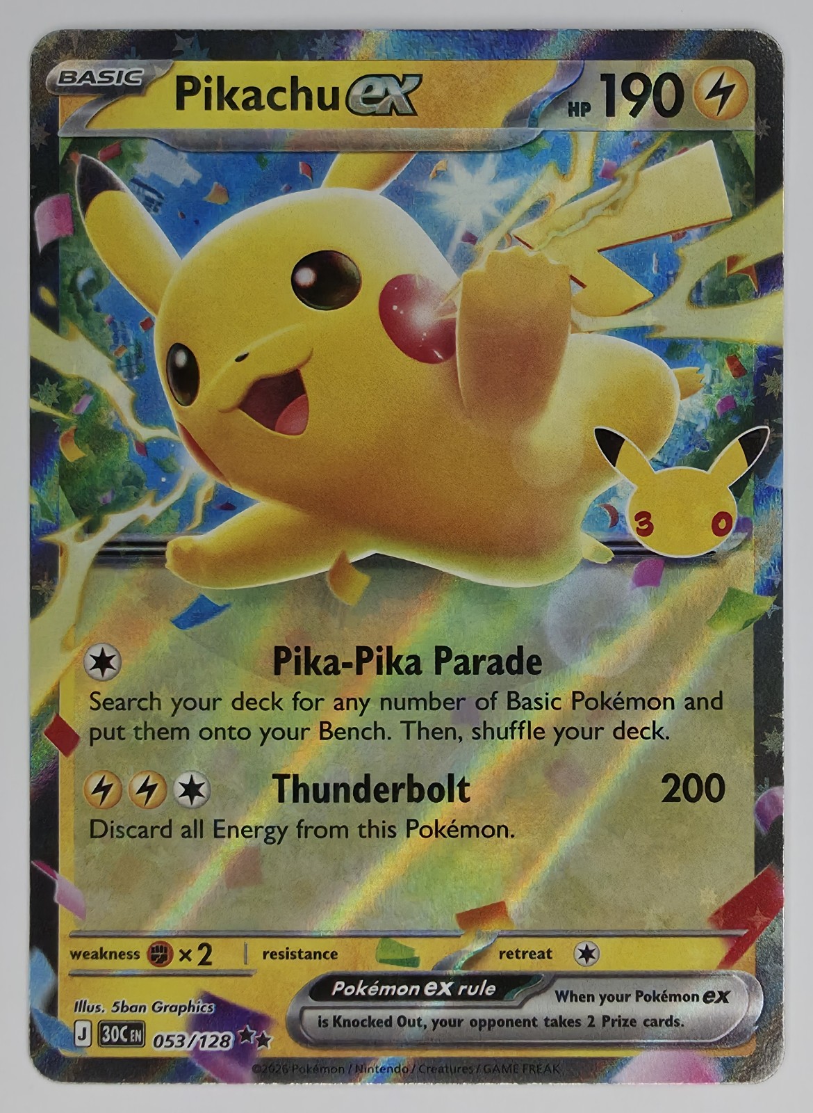 2026 Pokemon 30th Celebration Pikachu ex #053/128 Double Rare Holo front