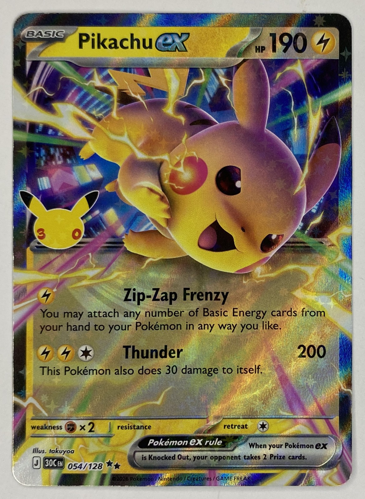 2026 Pokemon 30th Celebration Pikachu ex #054/128 Double Rare front