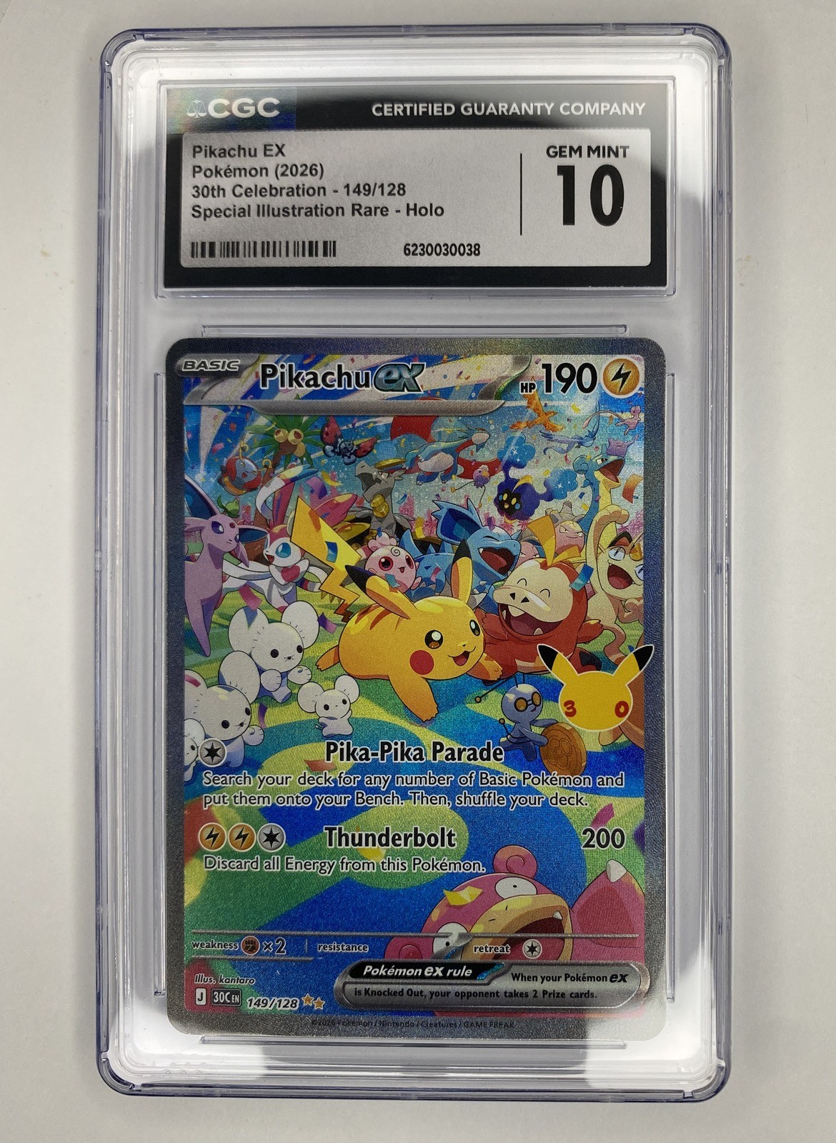 2026 Pokemon 30th Celebration Pikachu ex #149/128 Special Illustration Rare Holo CGC 10 slab front