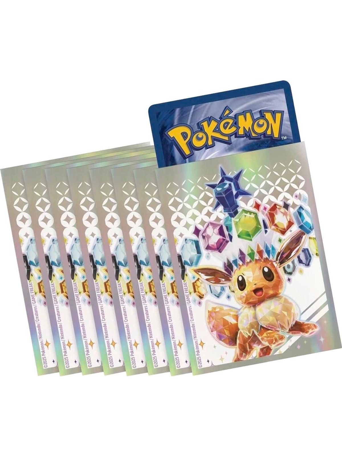 Pokemon Prismatic Evolutions card sleeve, Eevee with colored gems on a silver holo ground, the publisher's product image