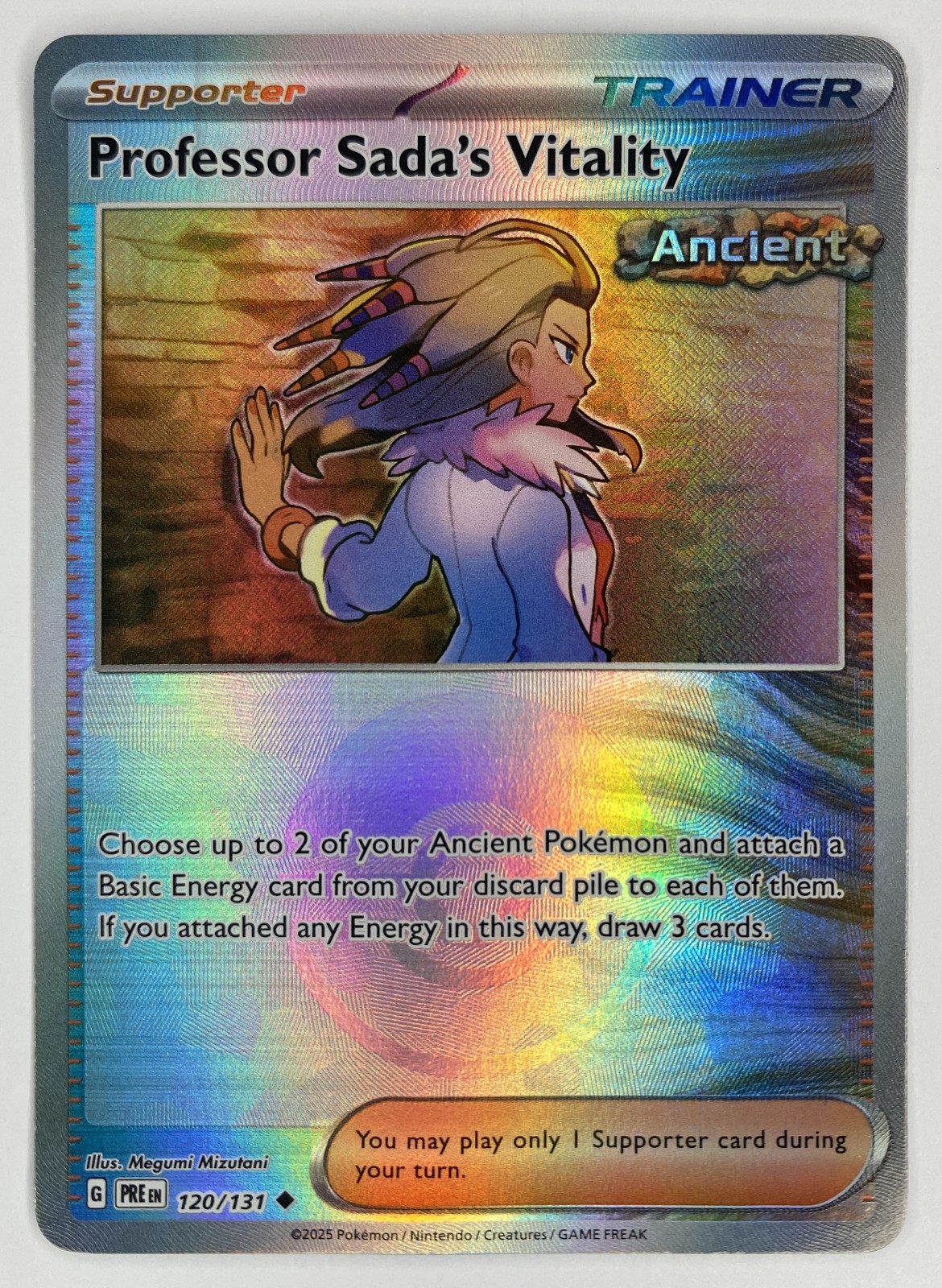 2025 Pokemon Prismatic Evolutions Professor Sada's Vitality #120/131 Reverse Holo Uncommon front
