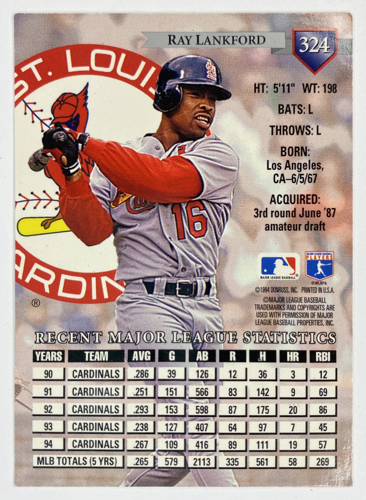 1995 Donruss Ray Lankford #324 St. Louis Cardinals back