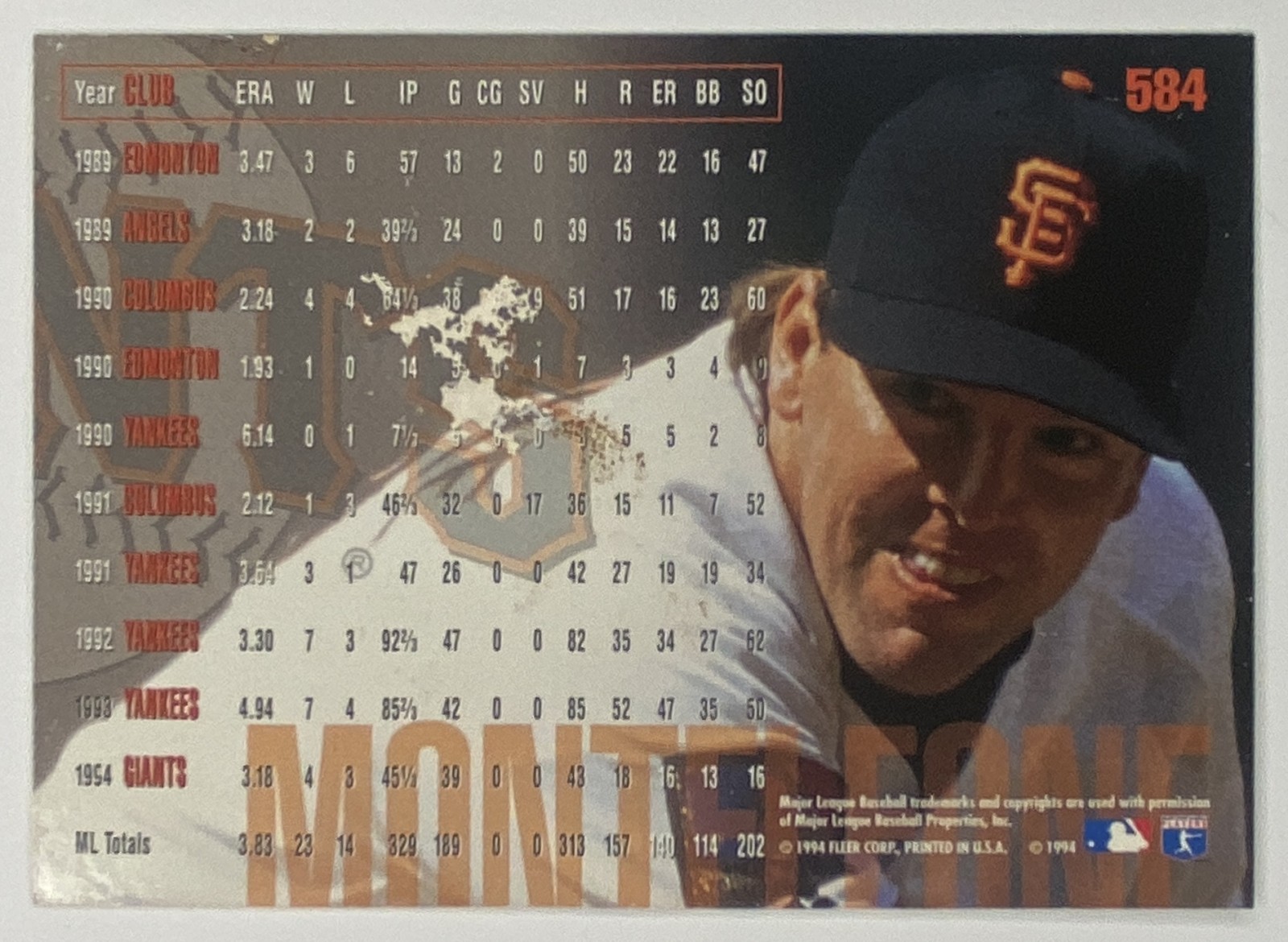 1995 Fleer Rich Monteleone #584 San Francisco Giants back