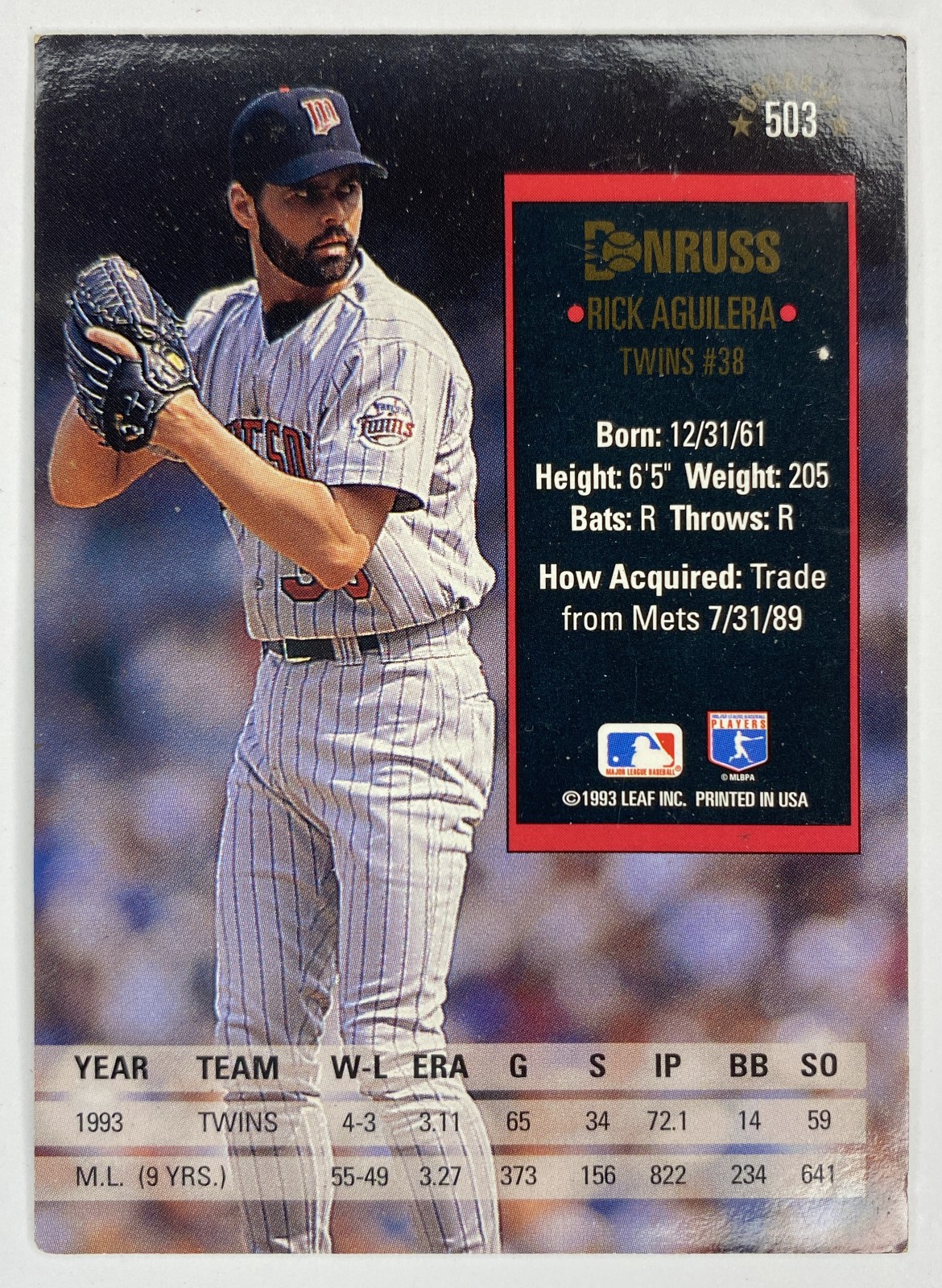 1994 Donruss Rick Aguilera #503 Minnesota Twins back