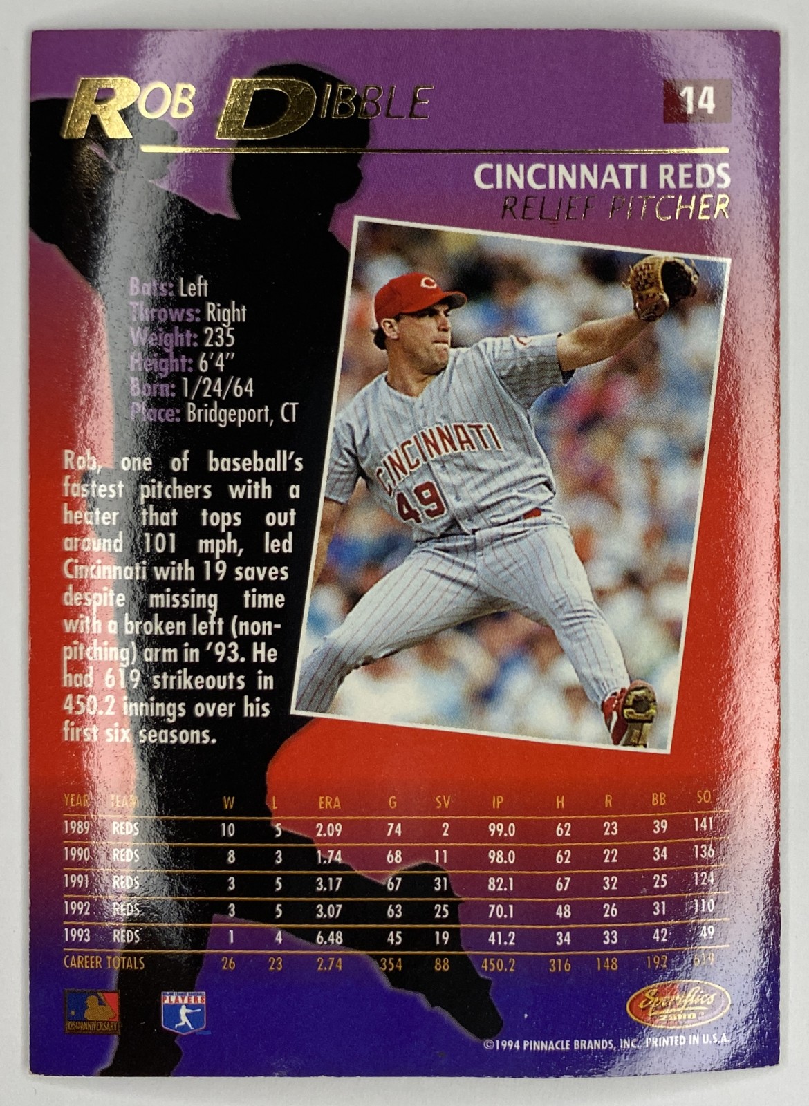 1994 Sportflics 2000 Rob Dibble #14 Cincinnati Reds back