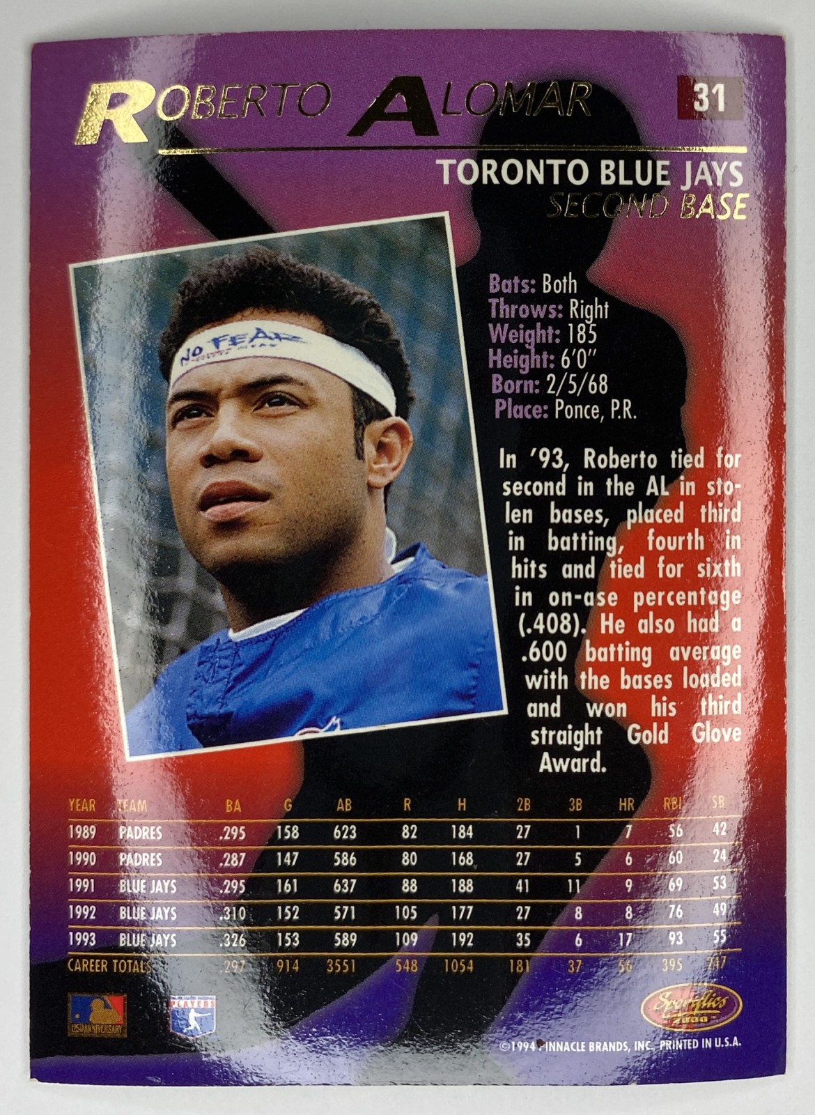 1994 Sportflics 2000 Roberto Alomar #31 Toronto Blue Jays Hall of Famer back